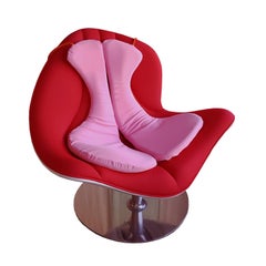 Italo Rota Red Fabric Italian Swivel Armchair with White Back and Steel Base