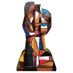 Italo Scanga Large Cubist Polychrome Modern Wood Head Bust Sculpture, 1986