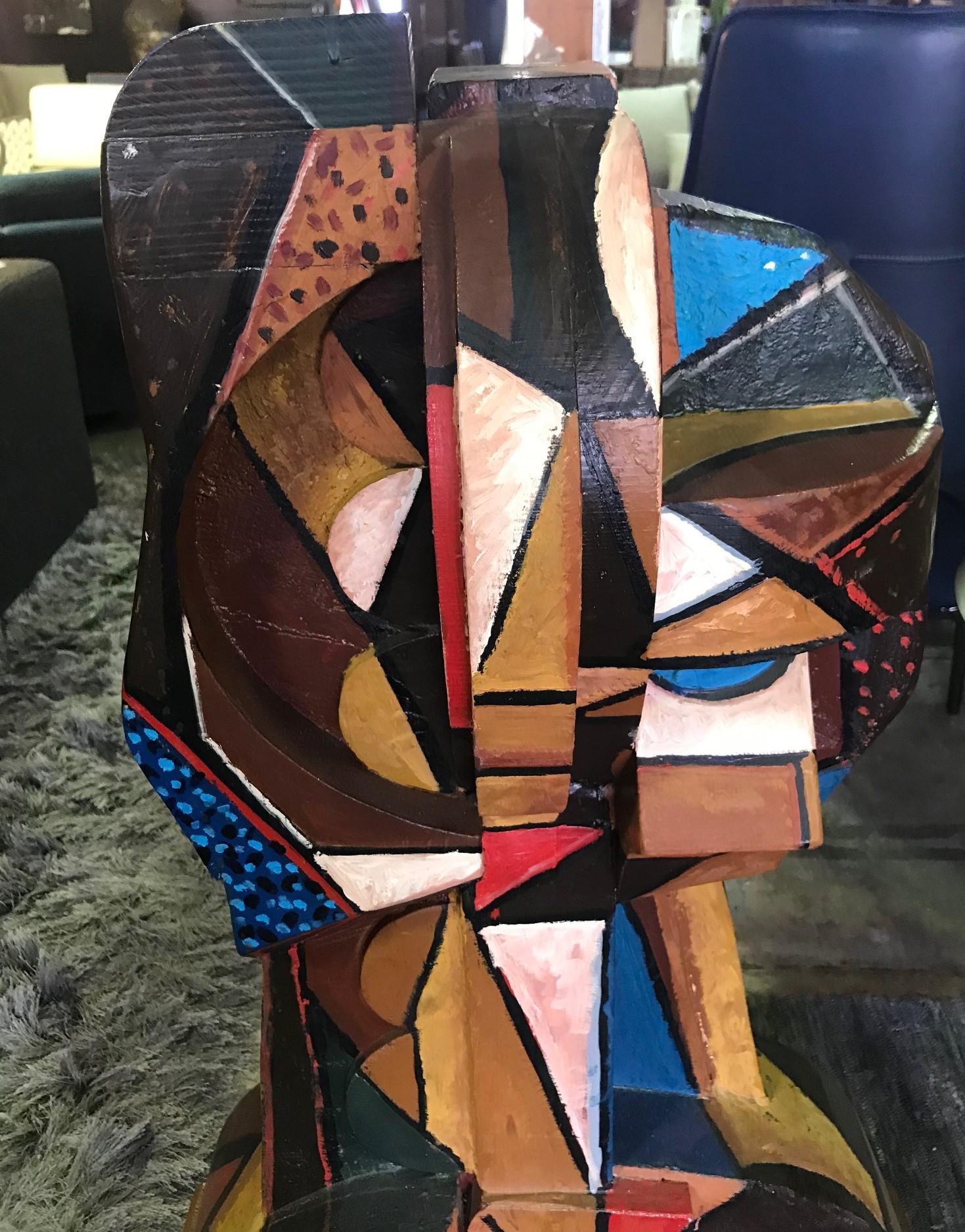 Italo Scanga Large Cubist Polychrome Modern Wood Head Bust Sculpture, 1986 5