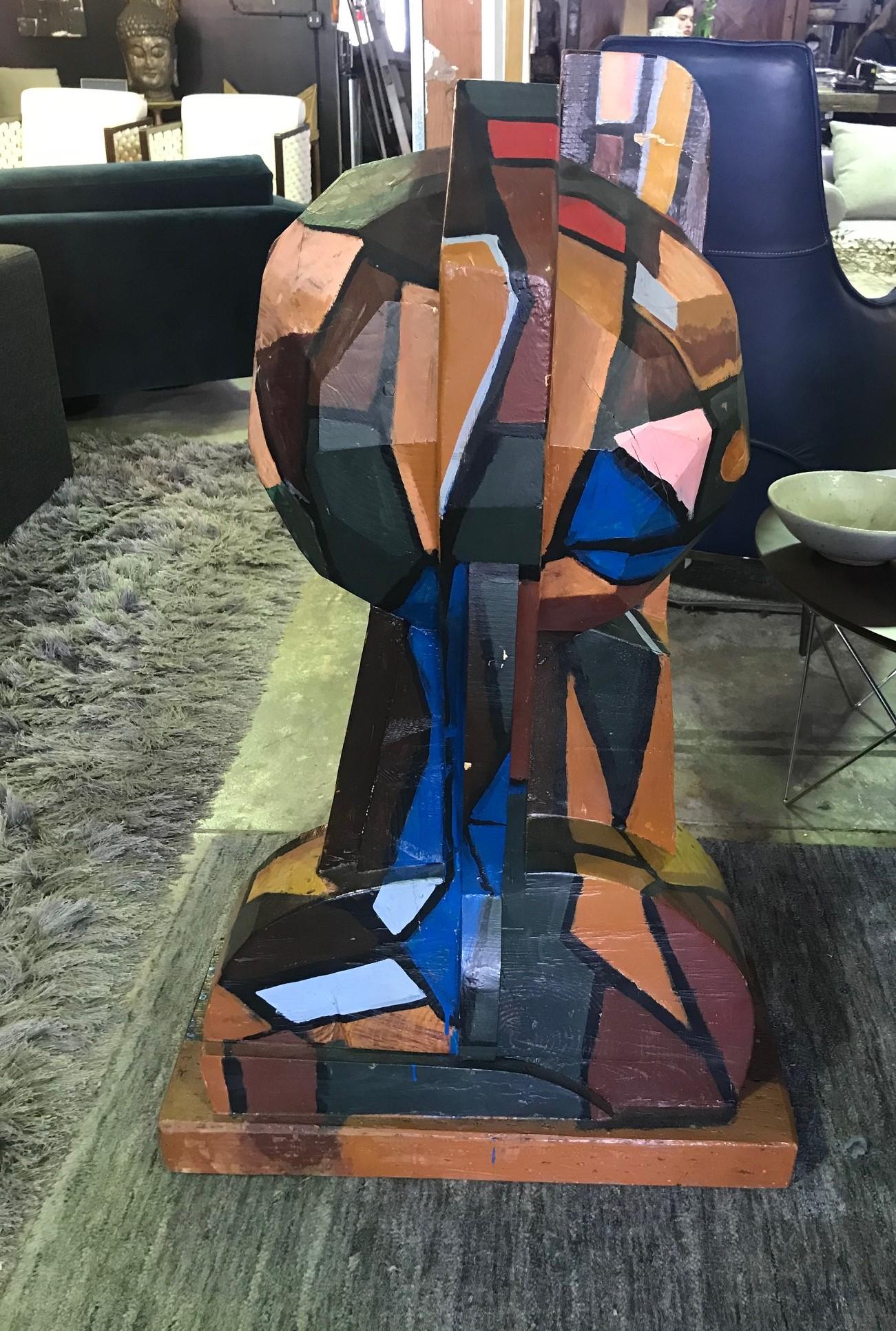 American Italo Scanga Large Cubist Polychrome Modern Wood Head Bust Sculpture, 1986
