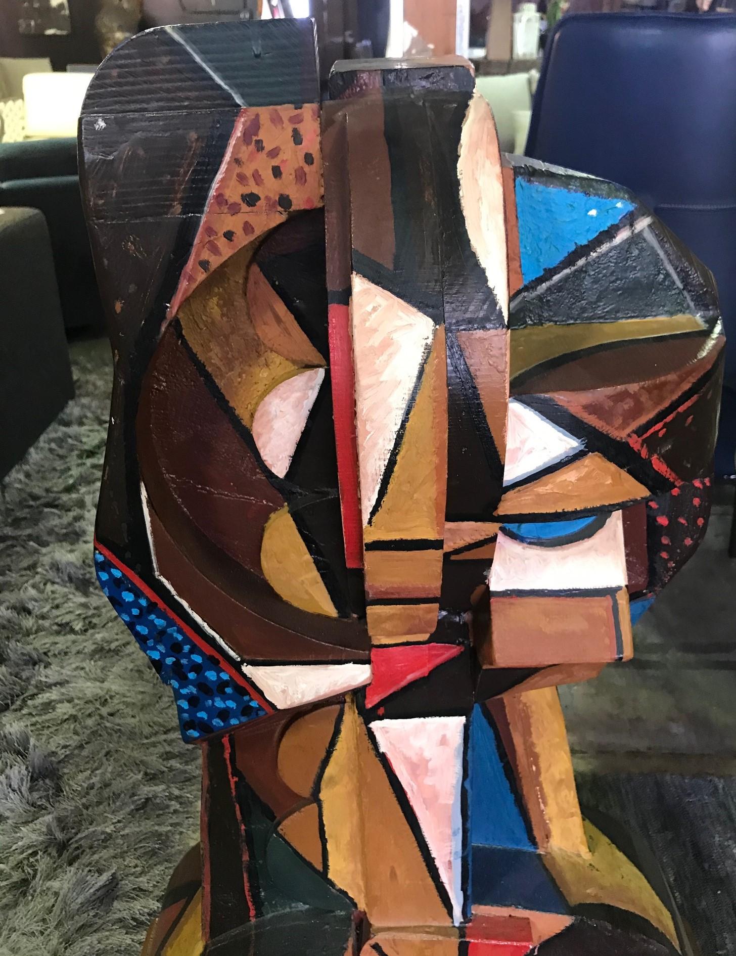 Italo Scanga Large Cubist Polychrome Modern Wood Head Bust Sculpture, 1986 In Good Condition In Studio City, CA