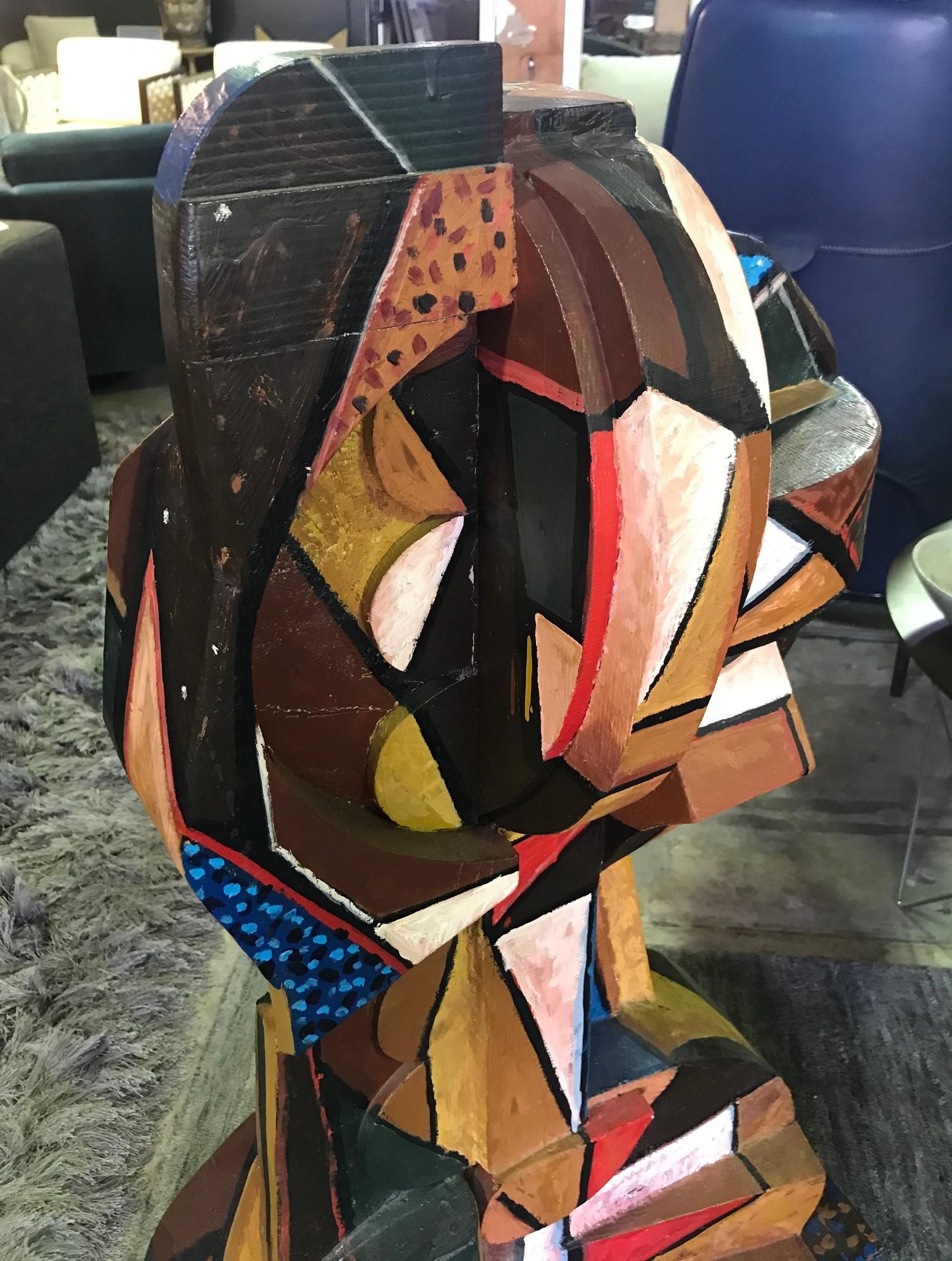 Italo Scanga Large Cubist Polychrome Modern Wood Head Bust Sculpture, 1986 1