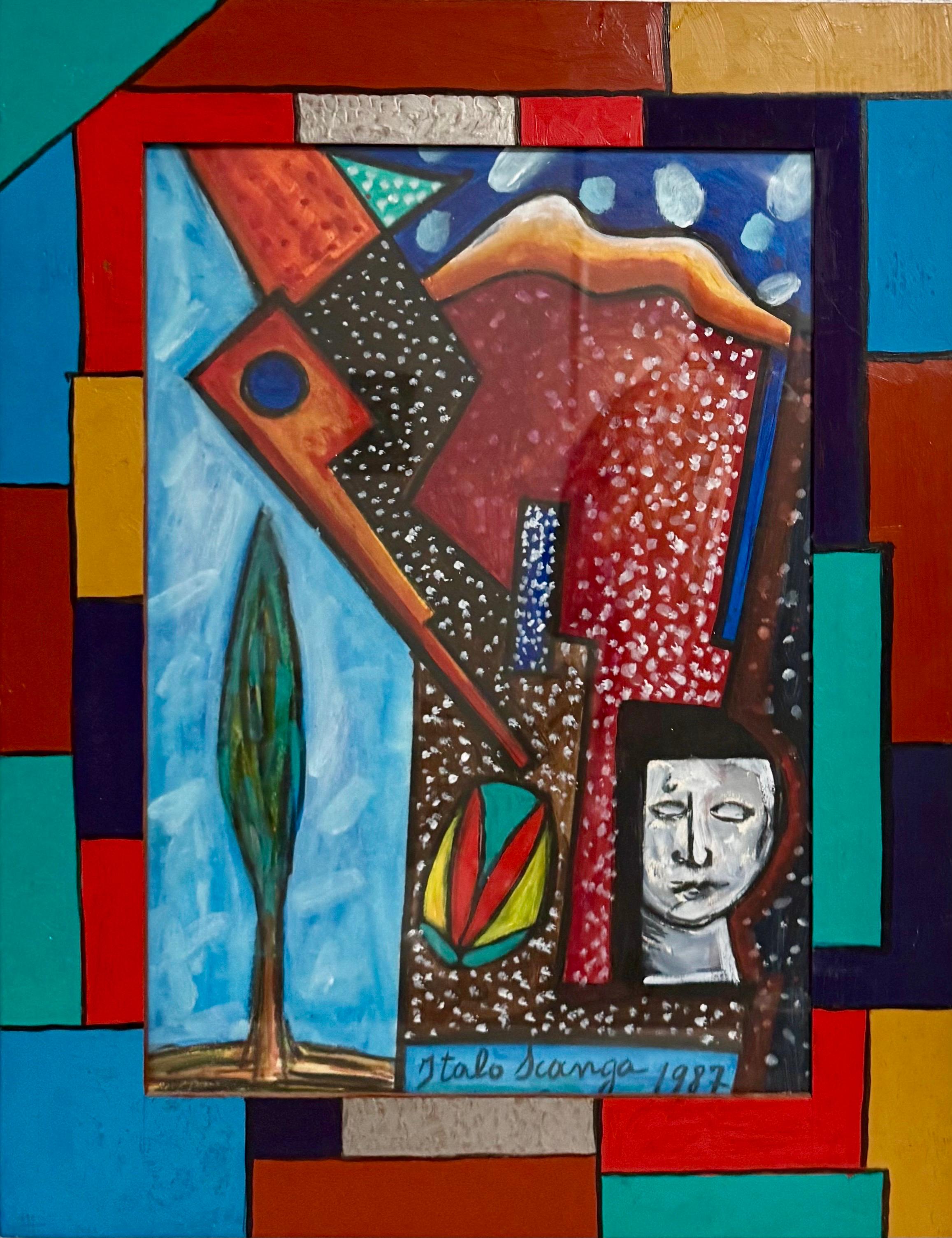 Italian Neo Figurative Pop Art Painting Italo Scanga Artist Frame Memphis Cubist