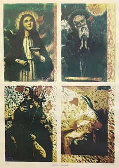 FOUR SAINTS, Signed Lithograph, Christian Prayer Card Portraits, Religious Art
