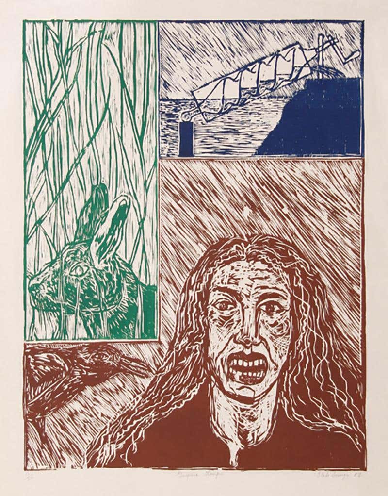 Gaspara Stampa, Surrealist Woodcut Print by Italo Scango