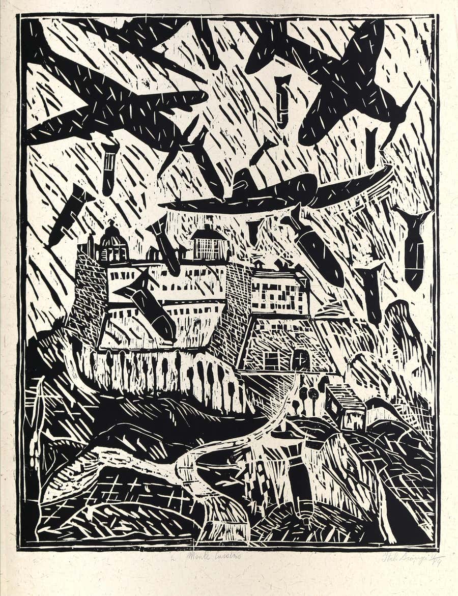 Monte Cassino, Political Woodcut Etching by Italo Scanga
