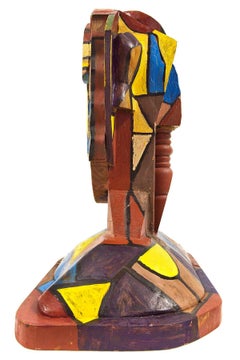 Tête de sculpture en bois peint, géométrique abstraite et cubiste, art néo- figuratif italien