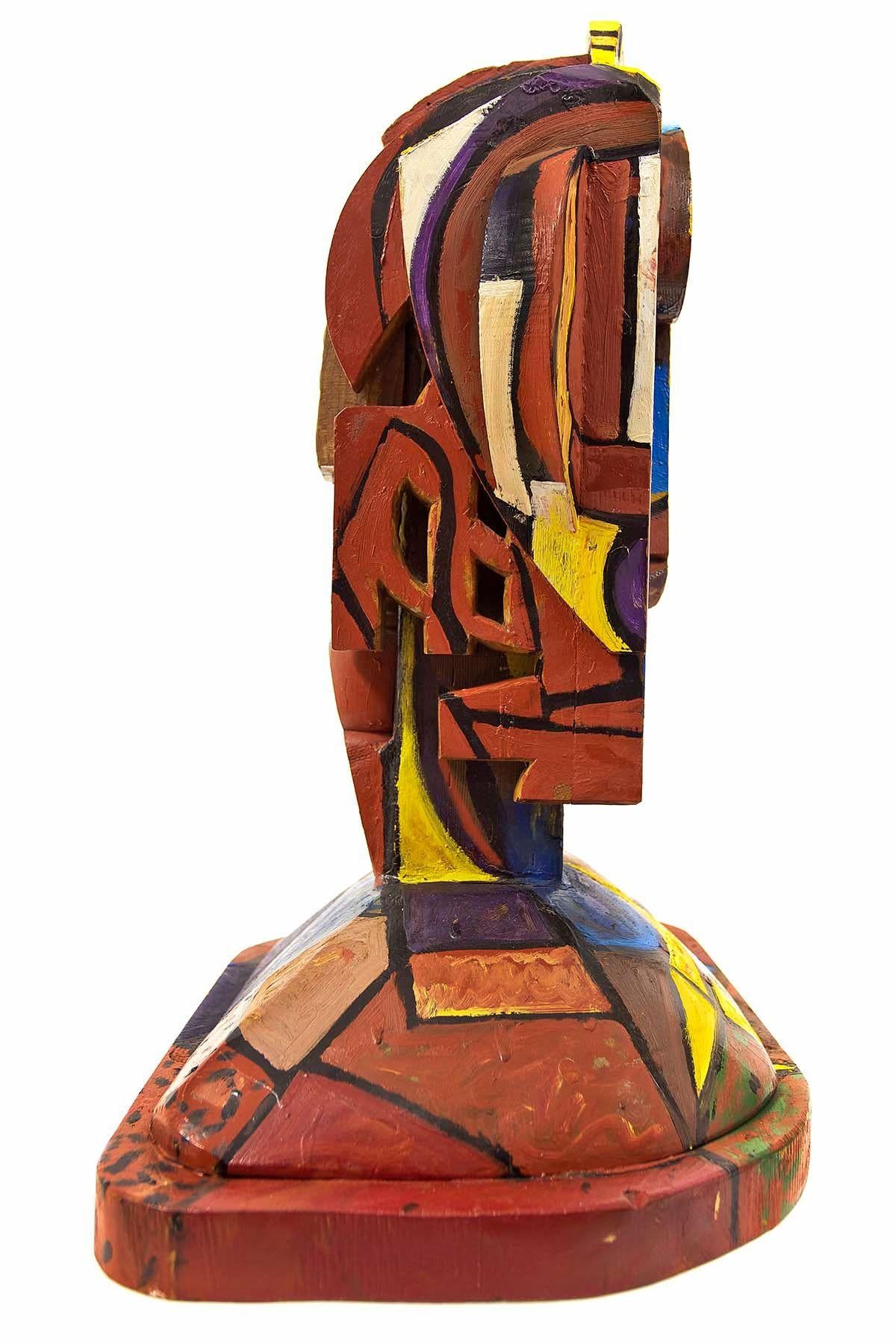 Abstrakte geometrische kubistische Holzskulptur mit Kopf aus bemalter Holzskulptur, Italienische neo figurative Kunst (Braun), Figurative Sculpture, von Italo Scanga