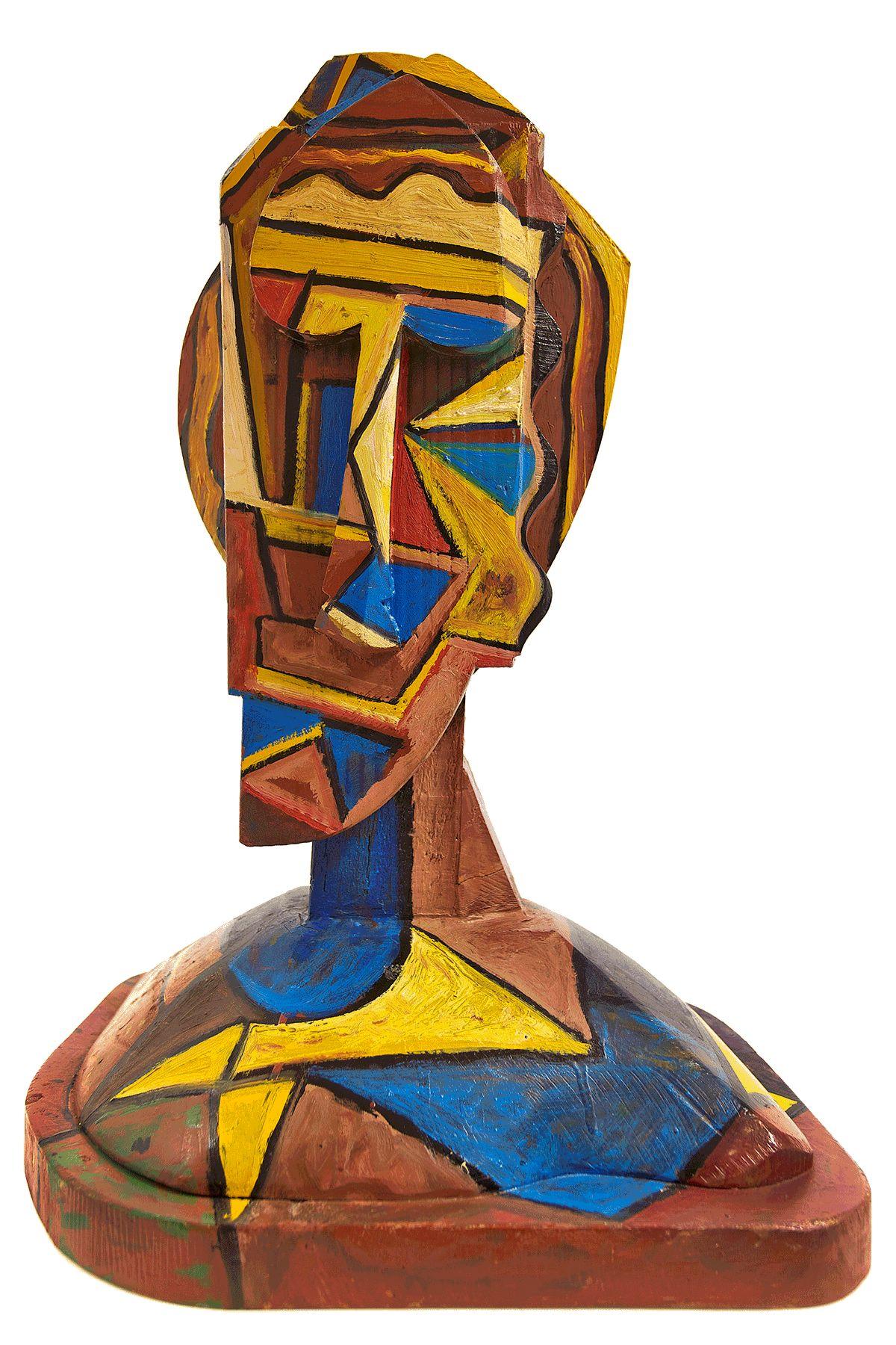Abstract Geometric Cubist Painted Wood Sculpture Head Italian Neo Figurative Art - Brown Abstract Sculpture by Italo Scanga