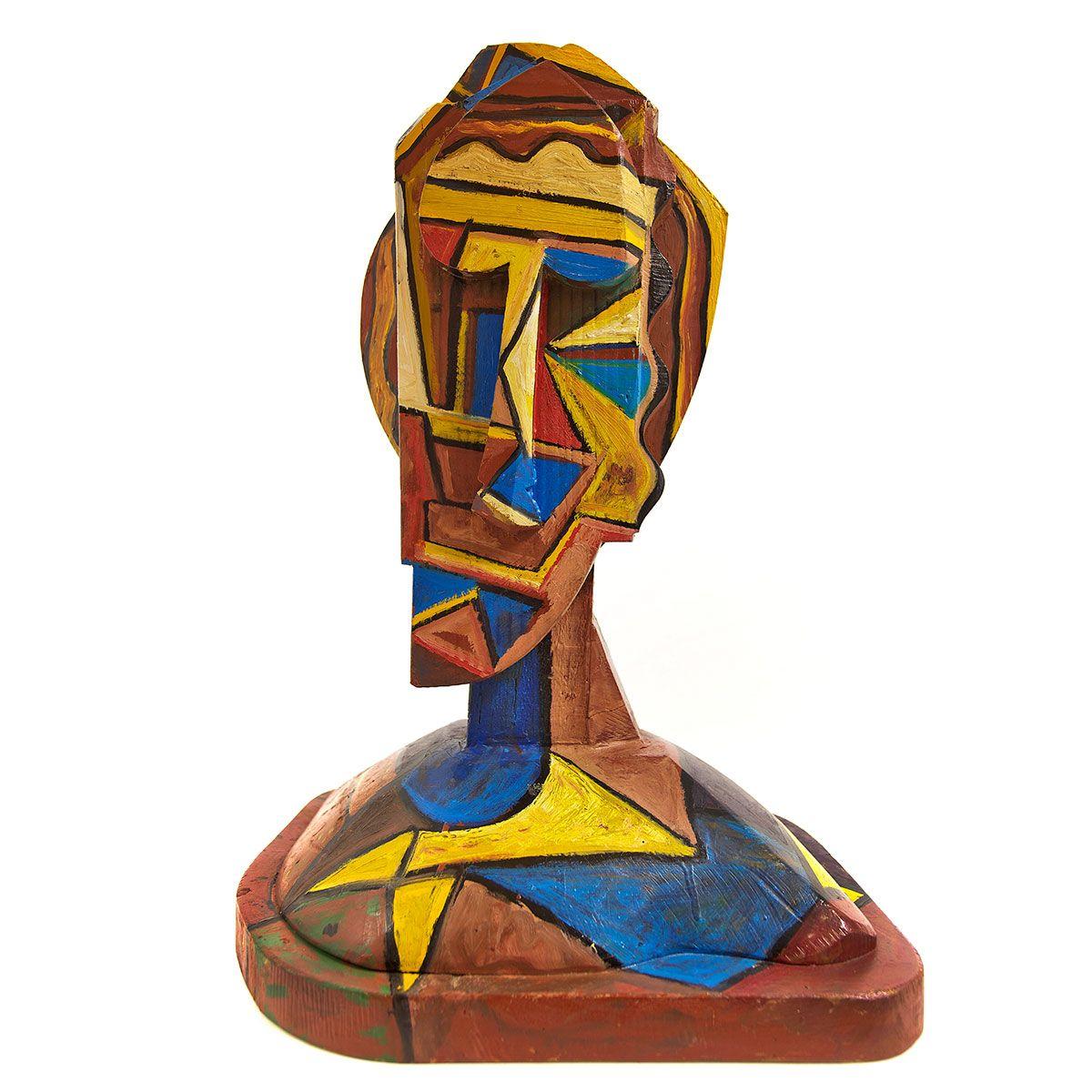 Abstrakte geometrische kubistische Holzskulptur mit Kopf aus bemalter Holzskulptur, Italienische neo figurative Kunst