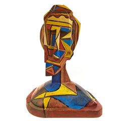 Vintage Abstract Geometric Cubist Painted Wood Sculpture Head Italian Neo Figurative Art