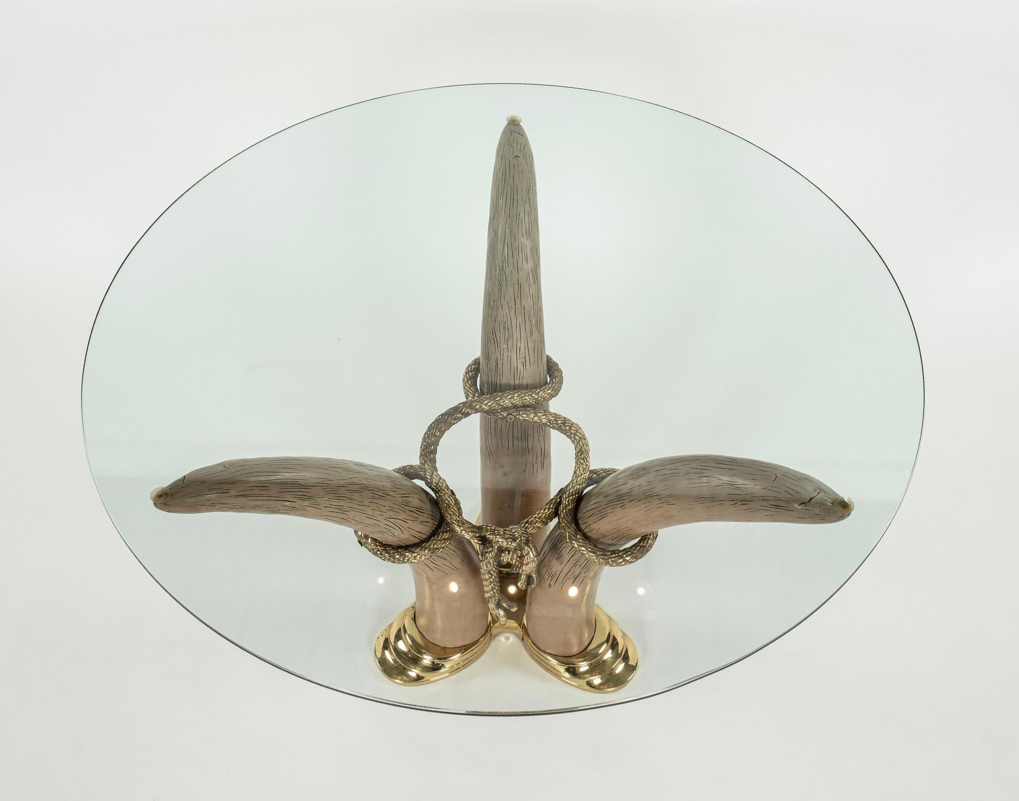 Spanish Italo Valenti Faux Tusk Brass Occasional Glass Table For Sale