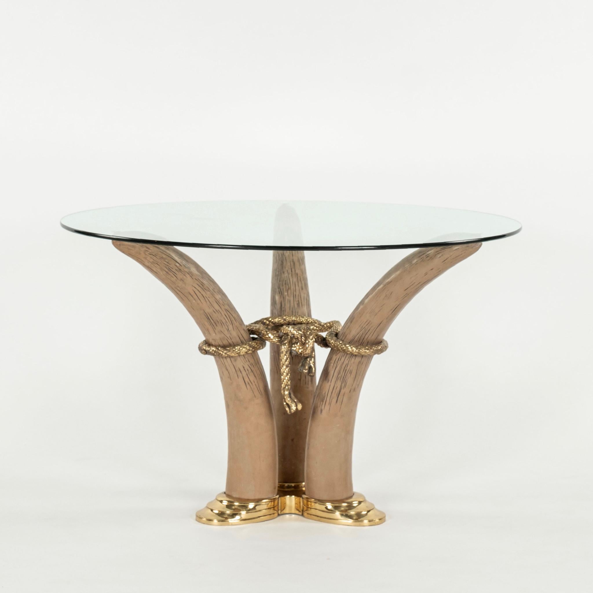 Italo Valenti Faux Tusk Brass Occasional Glass Table In Good Condition For Sale In Houston, TX