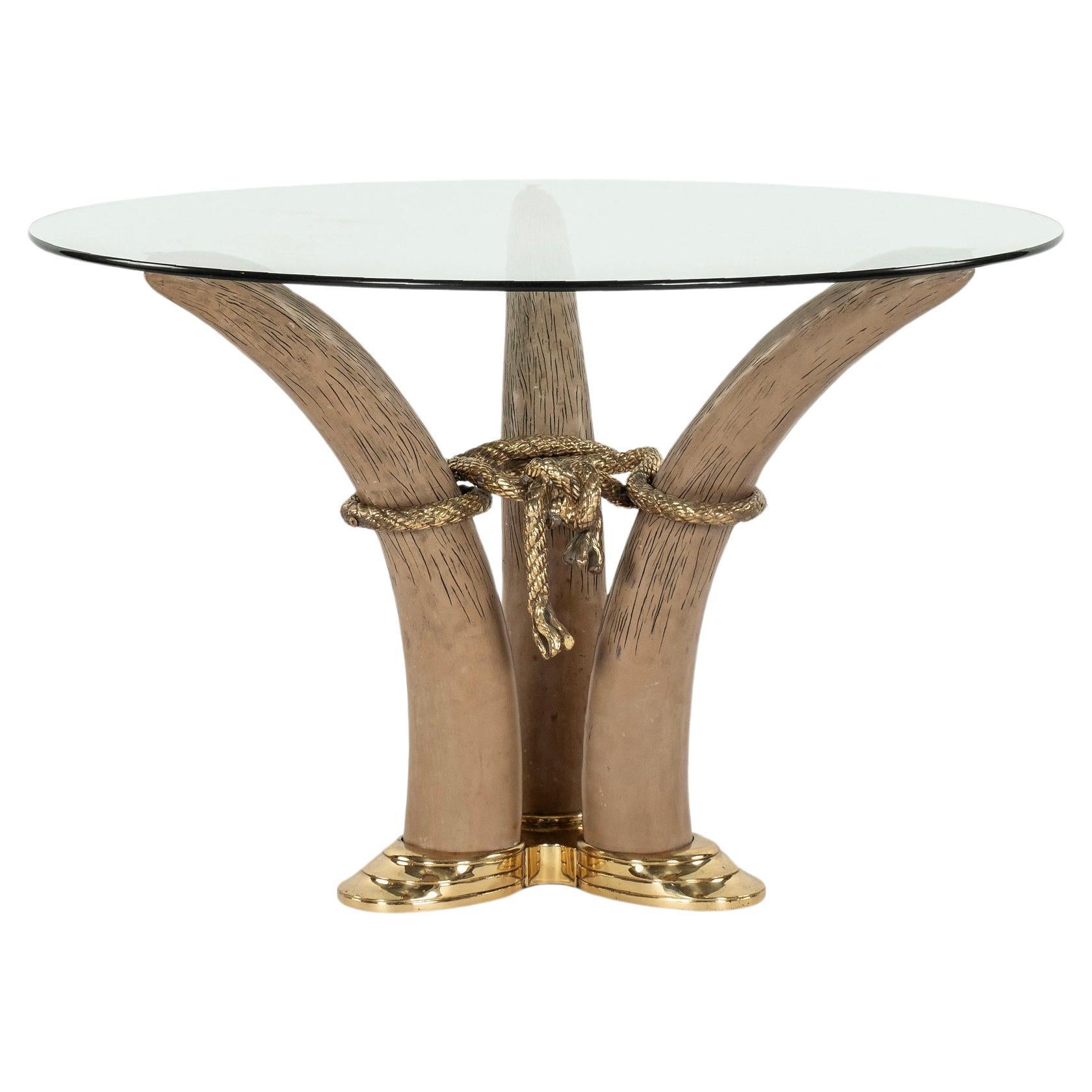 Italo Valenti Faux Tusk Brass Occasional Glass Table For Sale