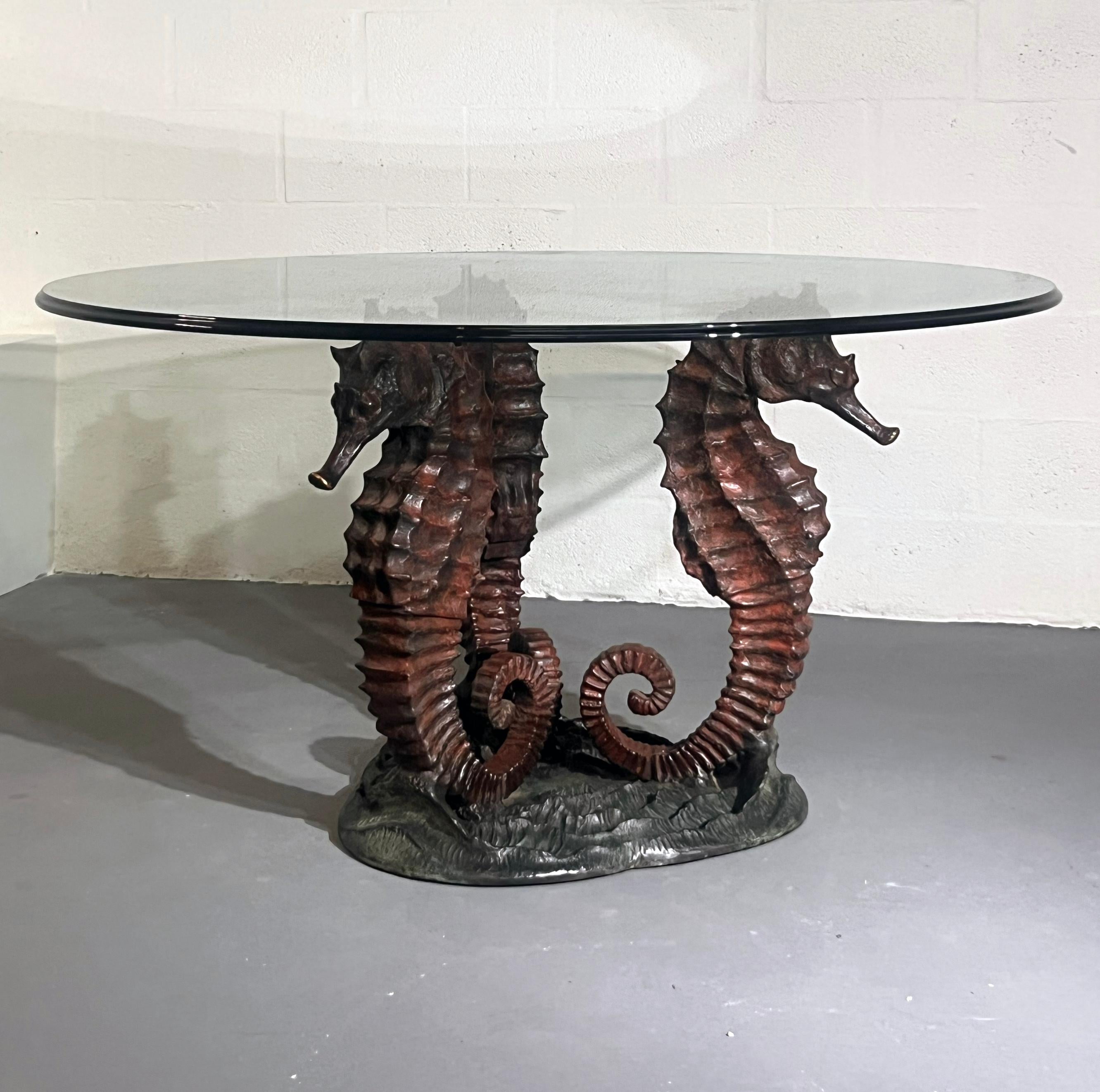 Mid-Century Modern Italo Valenti Sculptural Coffee Table with Bronze Seahorse Base & Glass Top For Sale