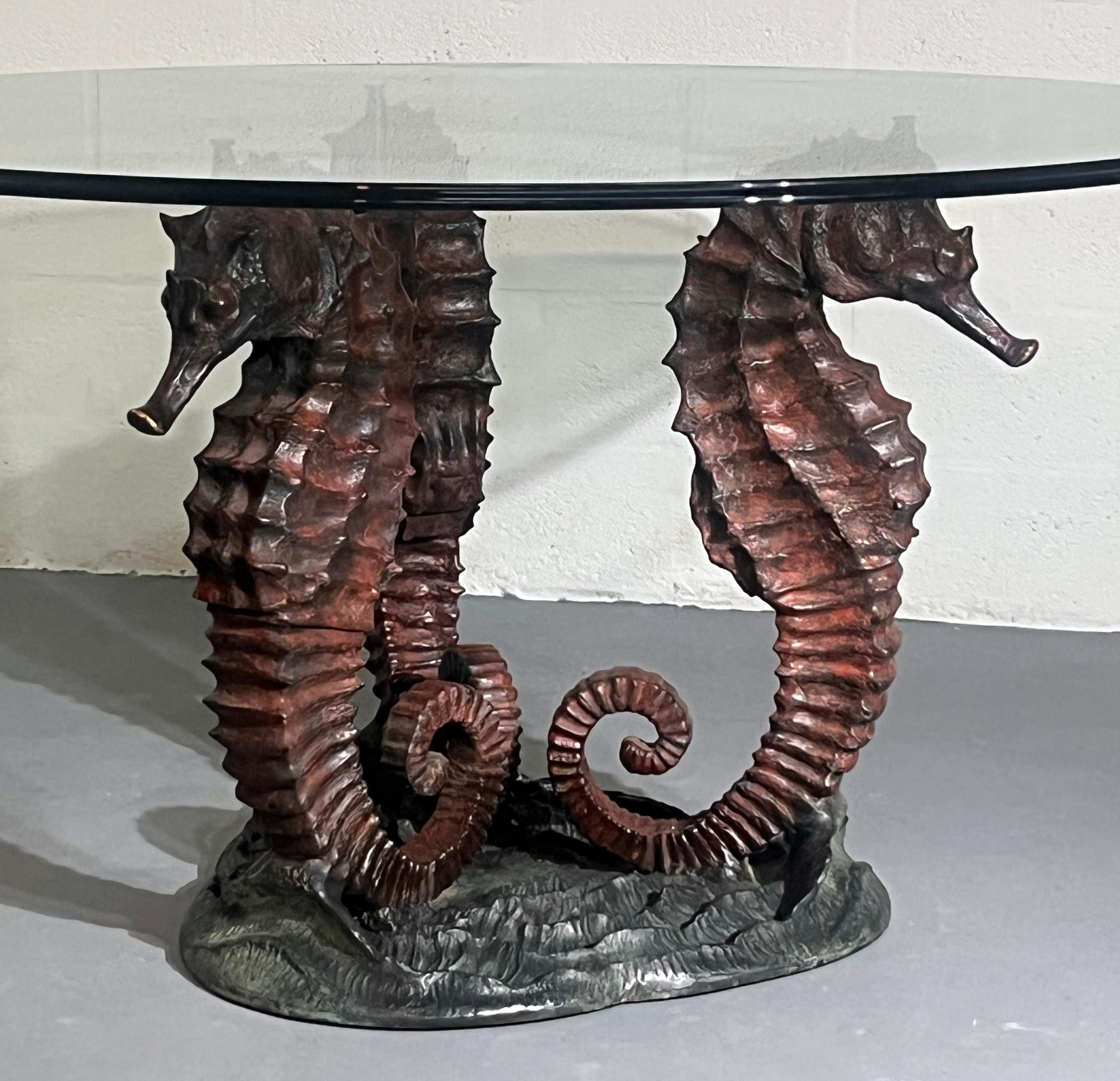 Italian Italo Valenti Sculptural Coffee Table with Bronze Seahorse Base & Glass Top For Sale