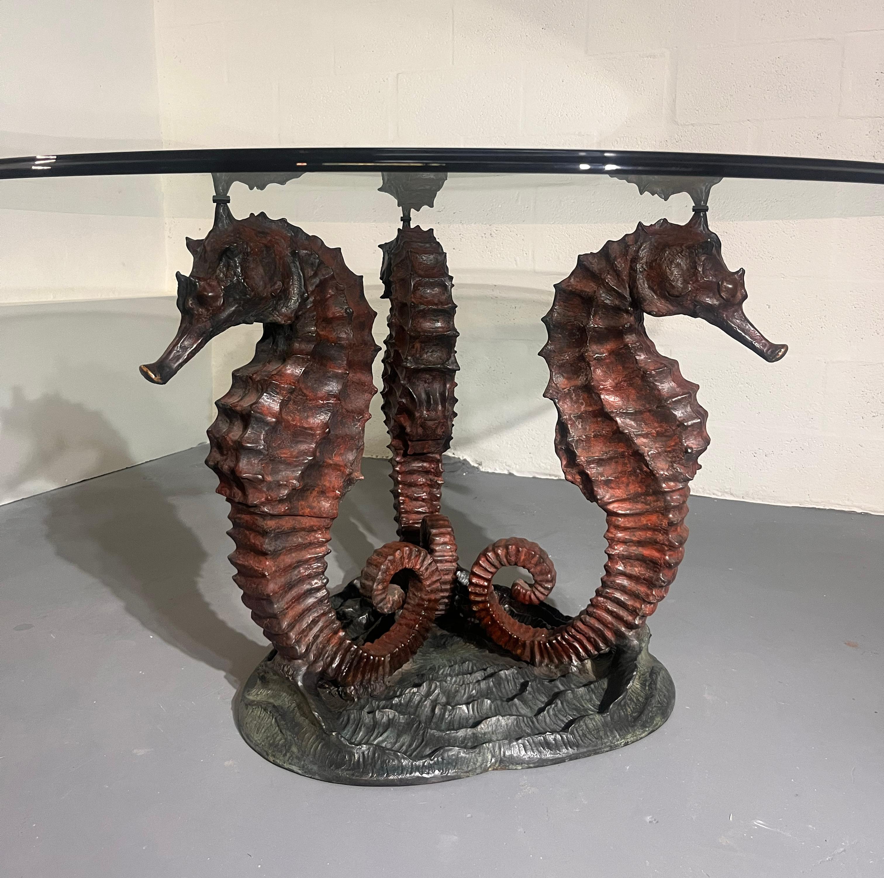 Italo Valenti Sculptural Coffee Table with Bronze Seahorse Base & Glass Top In Good Condition For Sale In Miami, FL