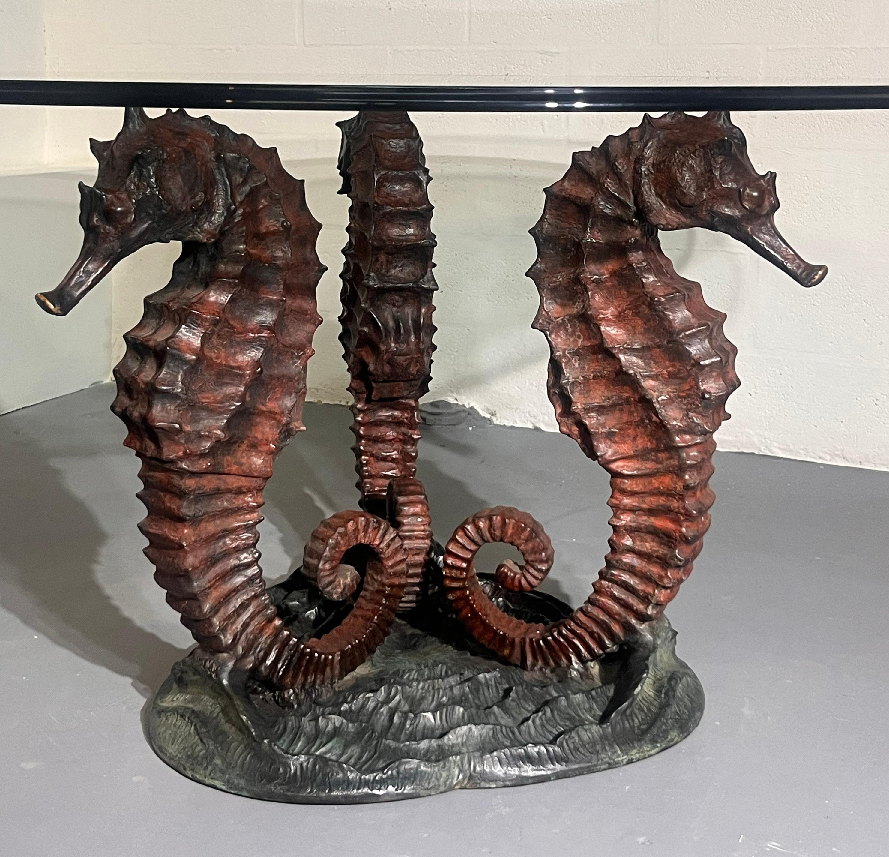 Late 20th Century Italo Valenti Sculptural Coffee Table with Bronze Seahorse Base & Glass Top For Sale