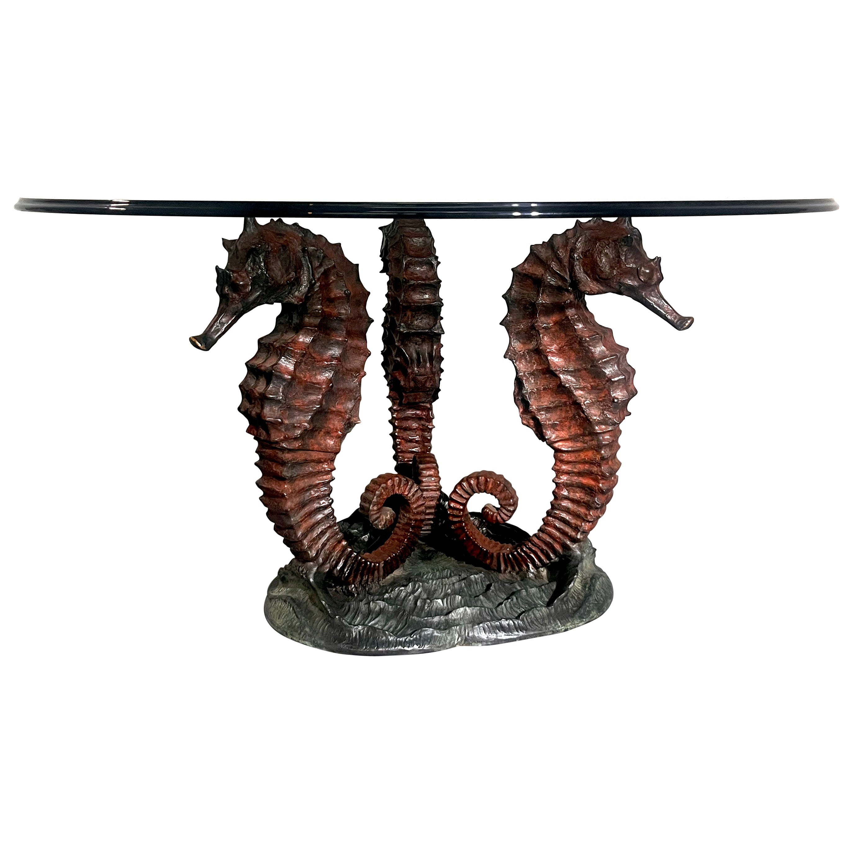 Italo Valenti Sculptural Coffee Table with Bronze Seahorse Base & Glass Top
