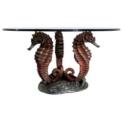 Italo Valenti Sculptural Coffee Table with Bronze Seahorse Base & Glass Top