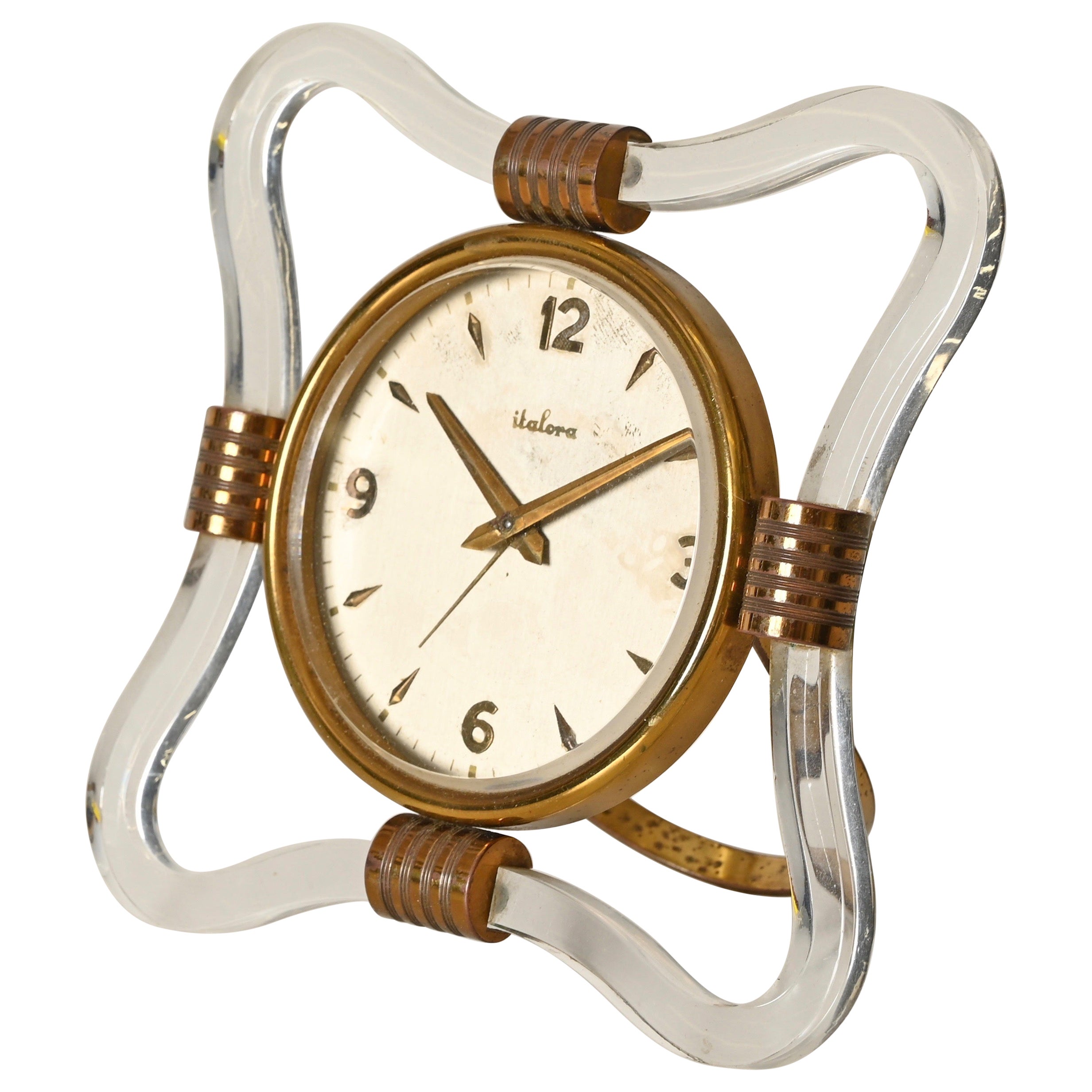 Italora Lucite and Brass Table Clock, Italy, 1950s