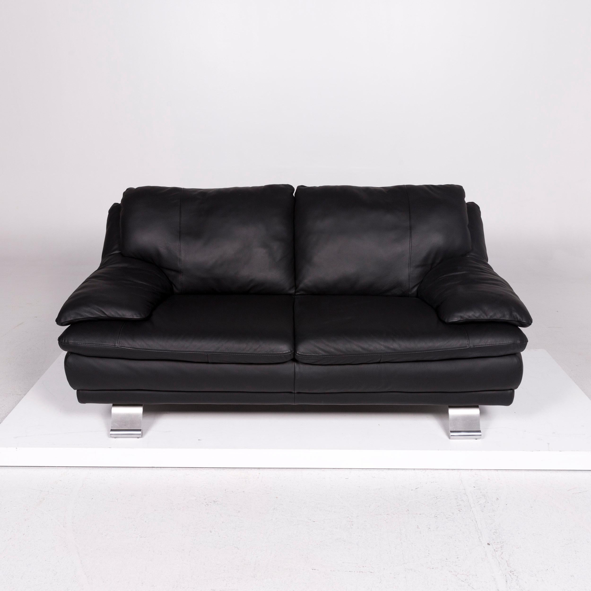 Italian Italsofa Leather Sofa Black Two-Seat Couch