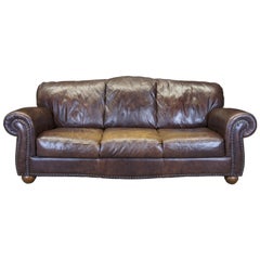 Retro Italsofa Traditional Brown Leather Camelback 3-Seat Sofa Nailhead Trim