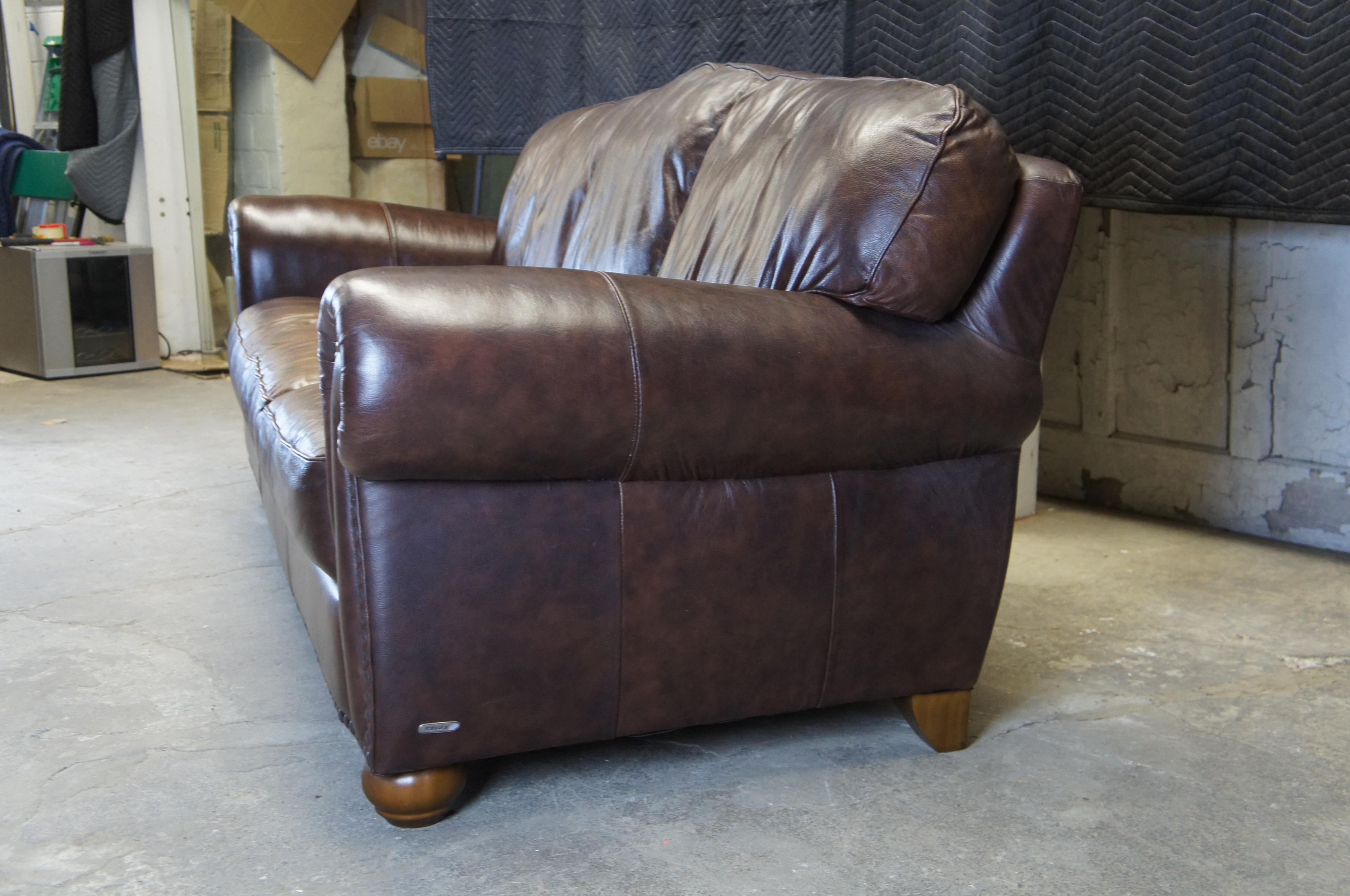 20th Century Italsofa Traditional Brown Leather Camelback 3-Seat Sofa Nailhead Trim