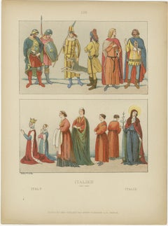 Italy 10th–16th Century, Set of Eight Antique Hand-Colored Costume Prints, 1880