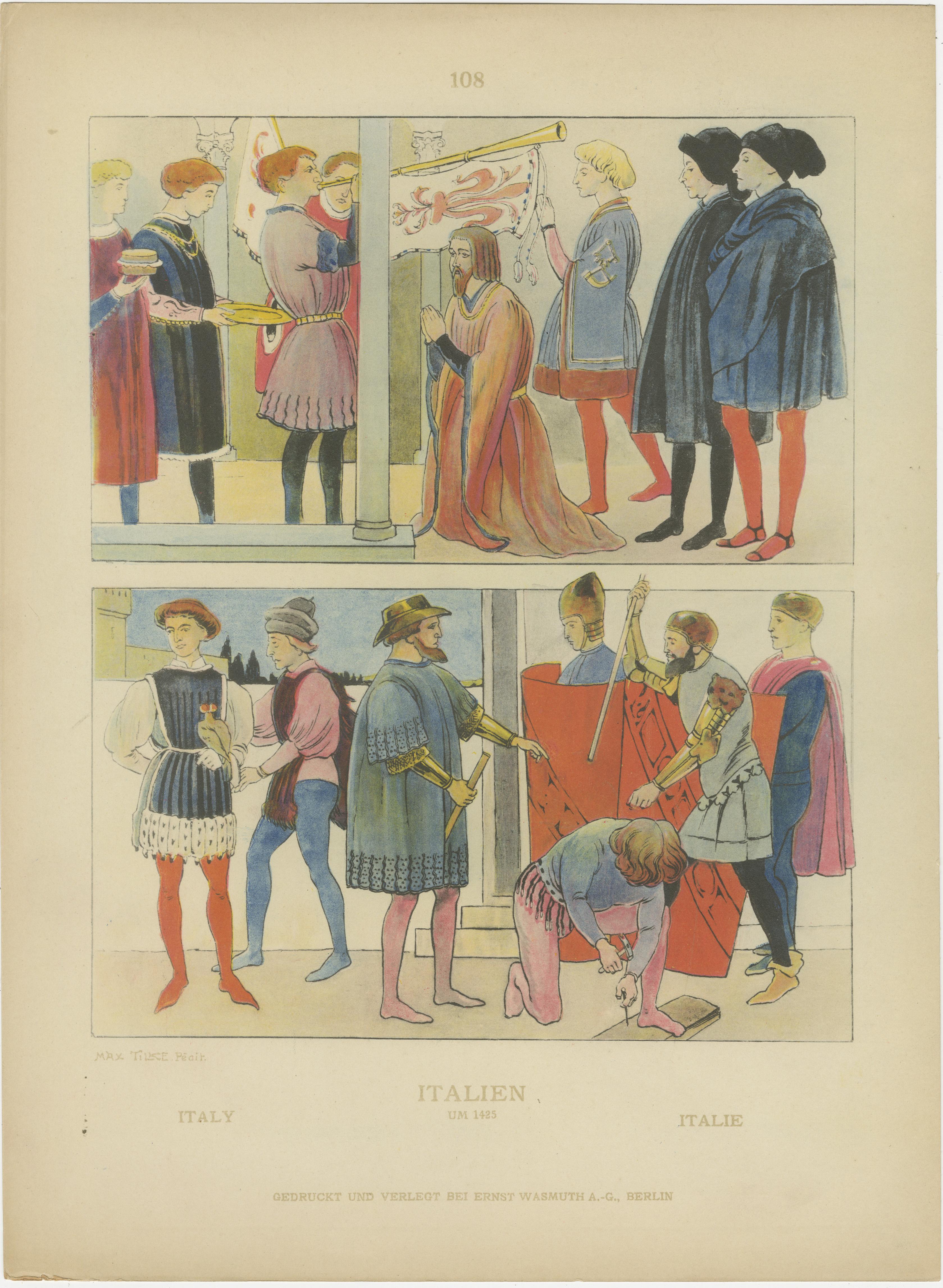 Italy 10th–16th Century, Set of Eight Antique Hand-Colored Costume Prints, 1880