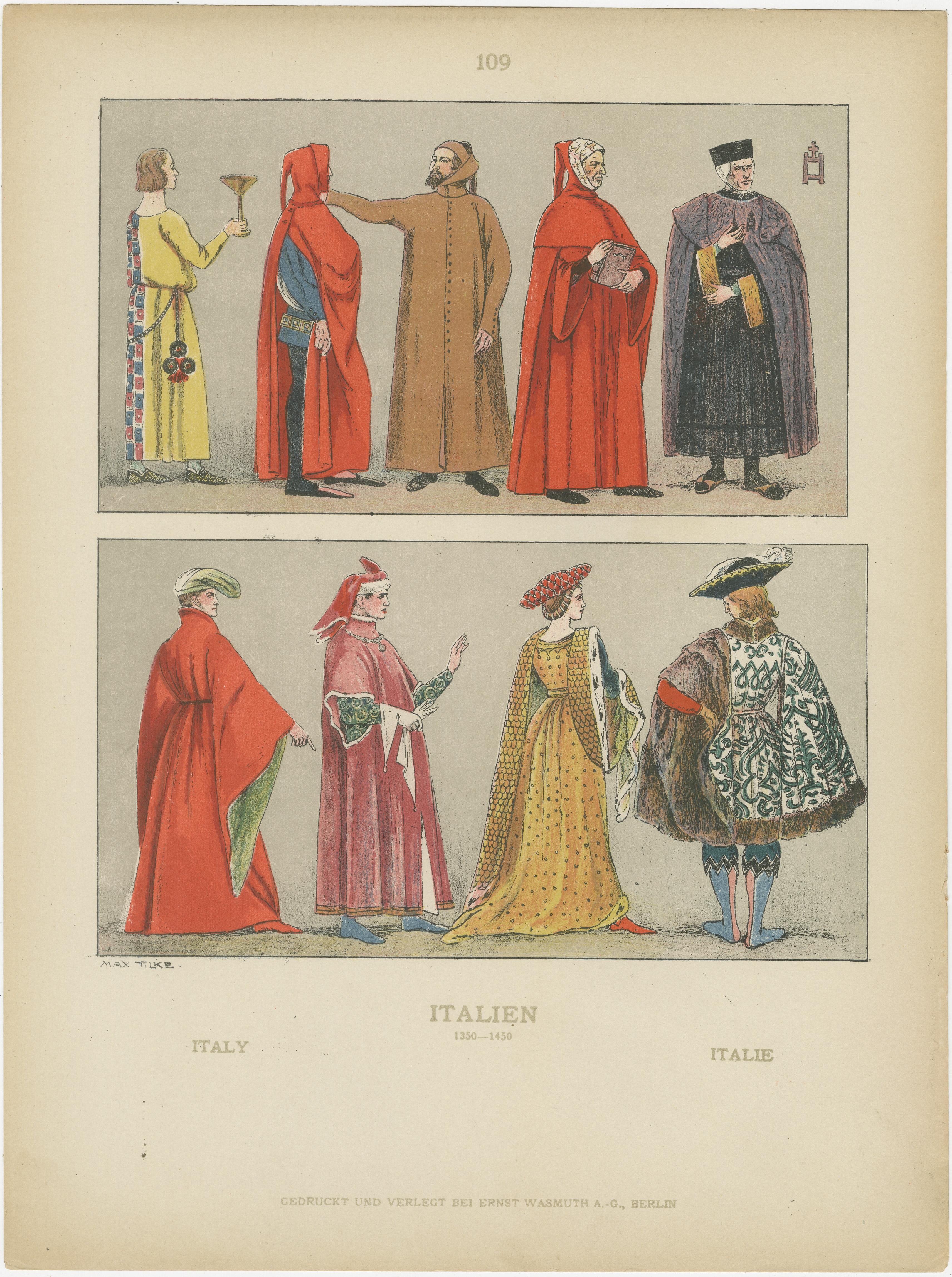 Italy 10th–16th Century, Set of Eight Antique Hand-Colored Costume Prints, 1880