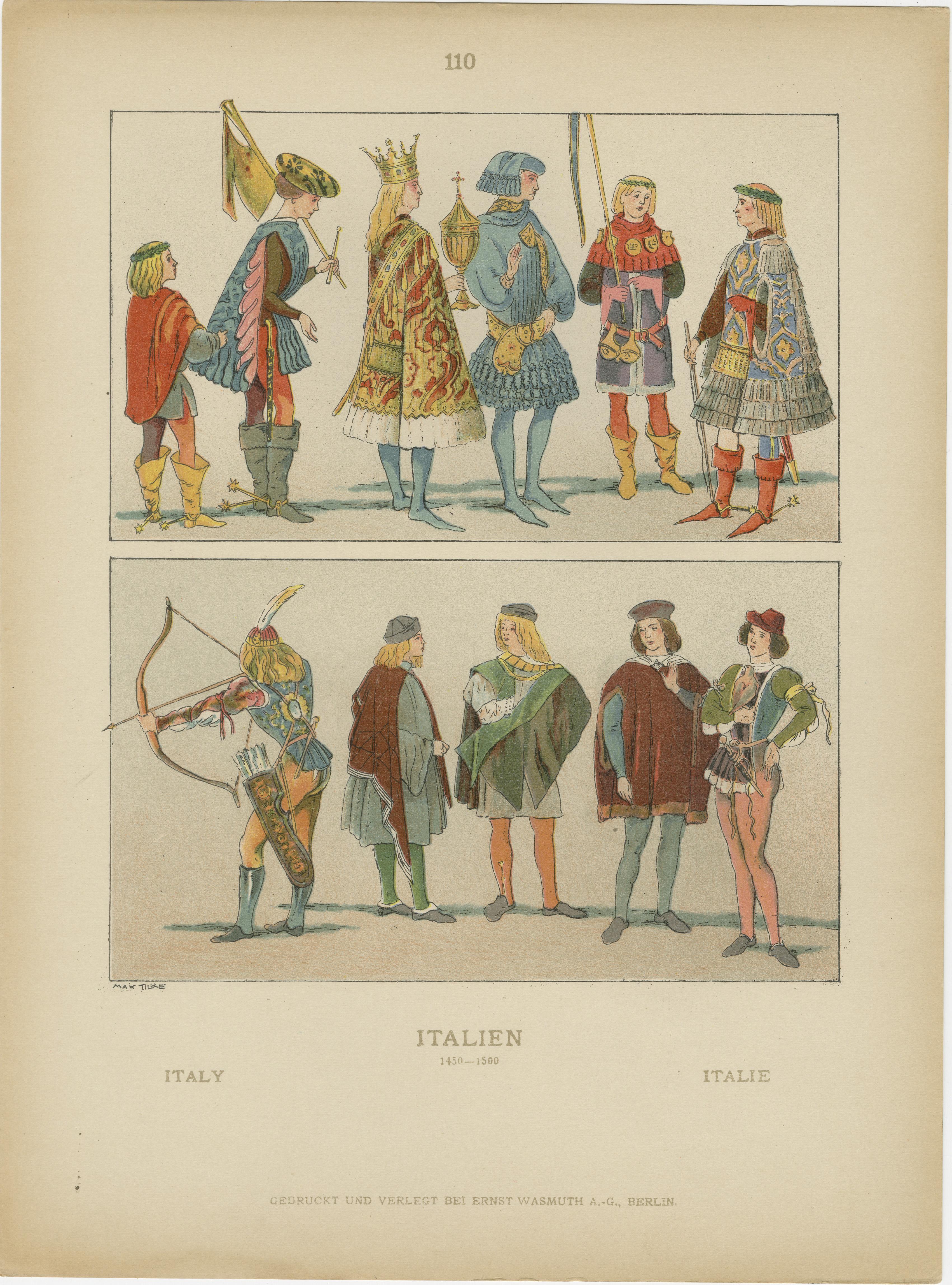 Italy 10th–16th Century, Set of Eight Antique Hand-Colored Costume Prints, 1880