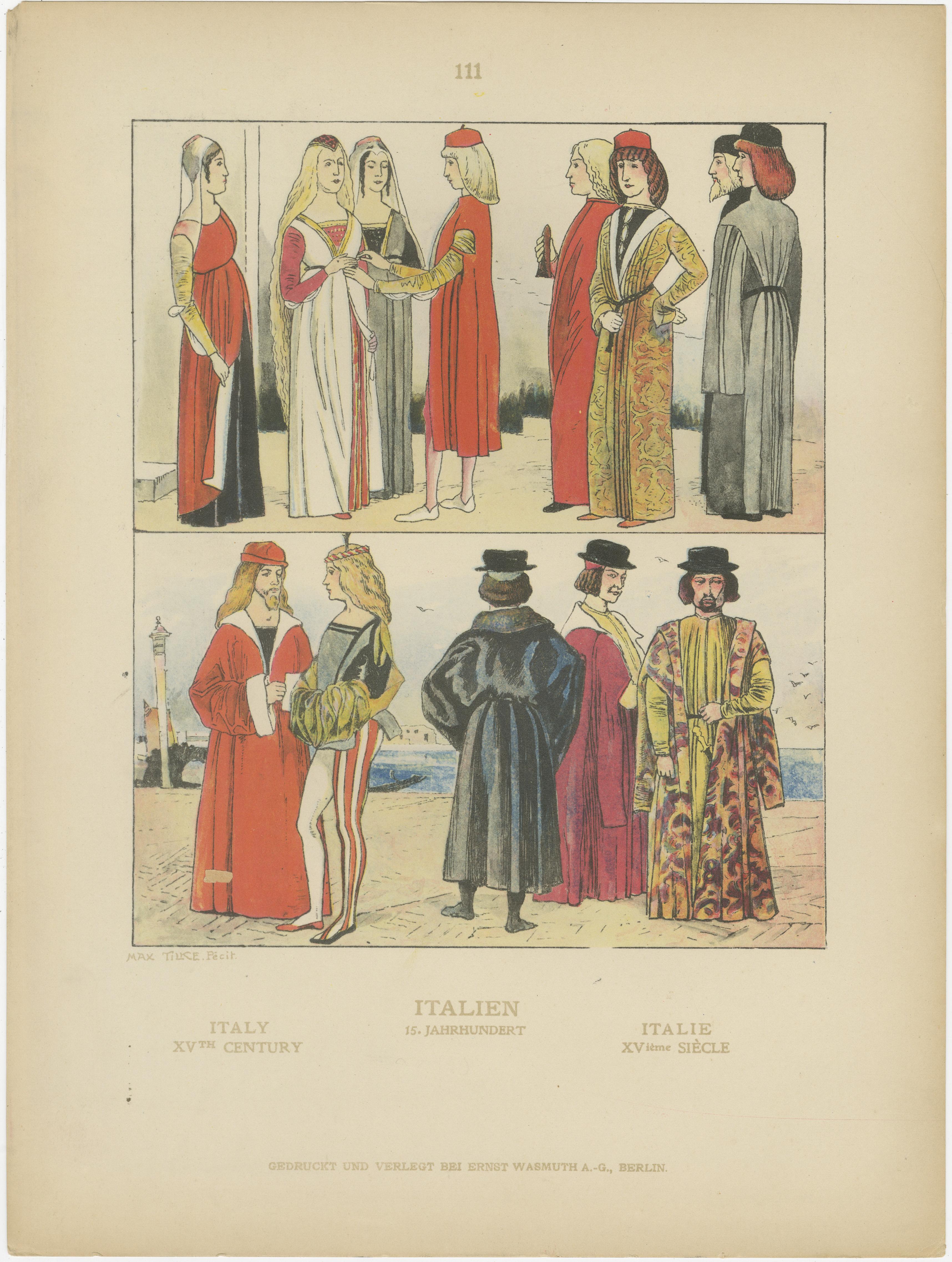 Italy 10th–16th Century, Set of Eight Antique Hand-Colored Costume Prints, 1880