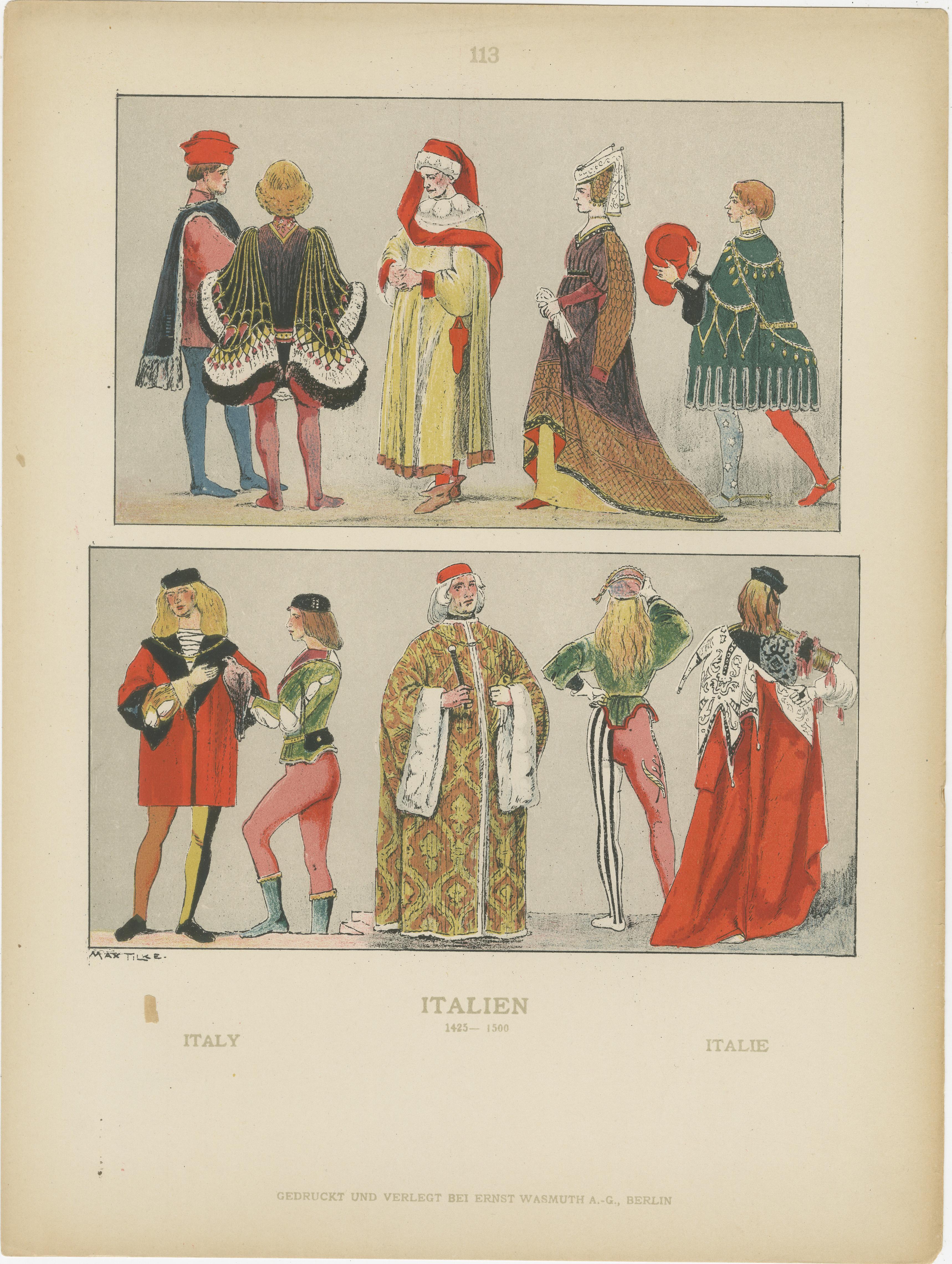 Italy 10th–16th Century, Set of Eight Antique Hand-Colored Costume Prints, 1880