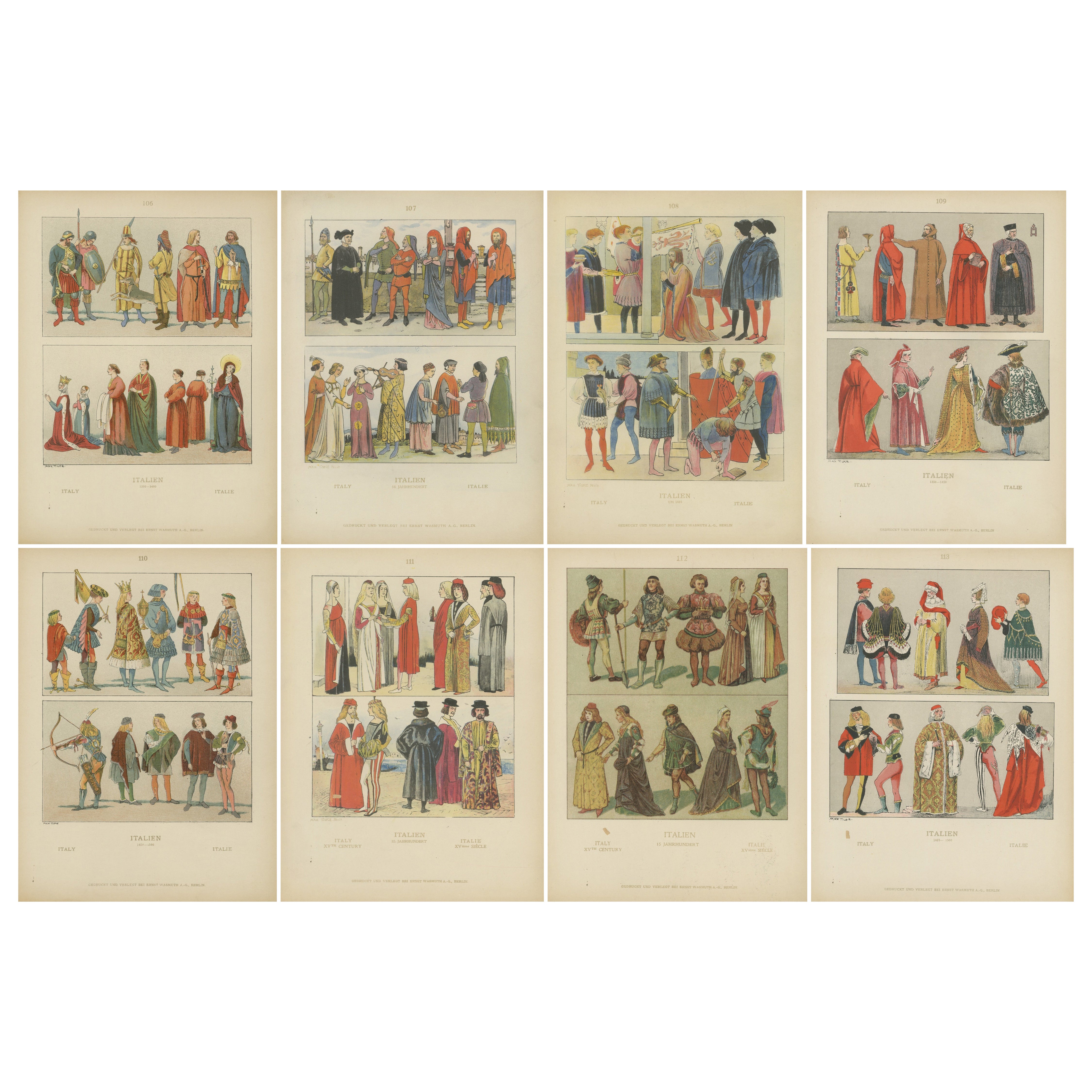 Italie 10e-16e siècle, Ensemble de huit gravures anciennes de costumes colorées à la main, 1880