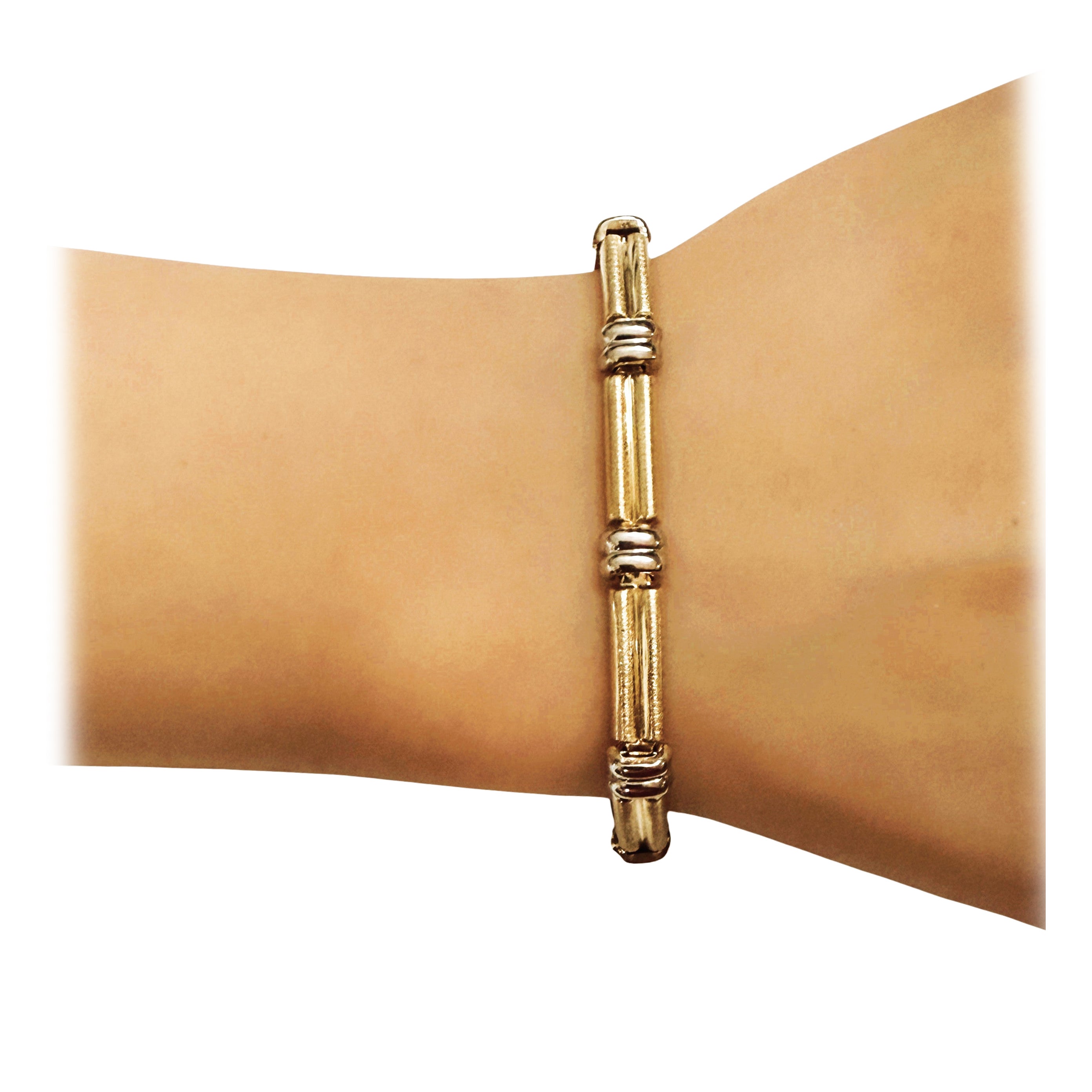 Bracciale a maglie in oro giallo e bianco 14k lungo 7" e largo 6 mm, 6,45 grammi in vendita