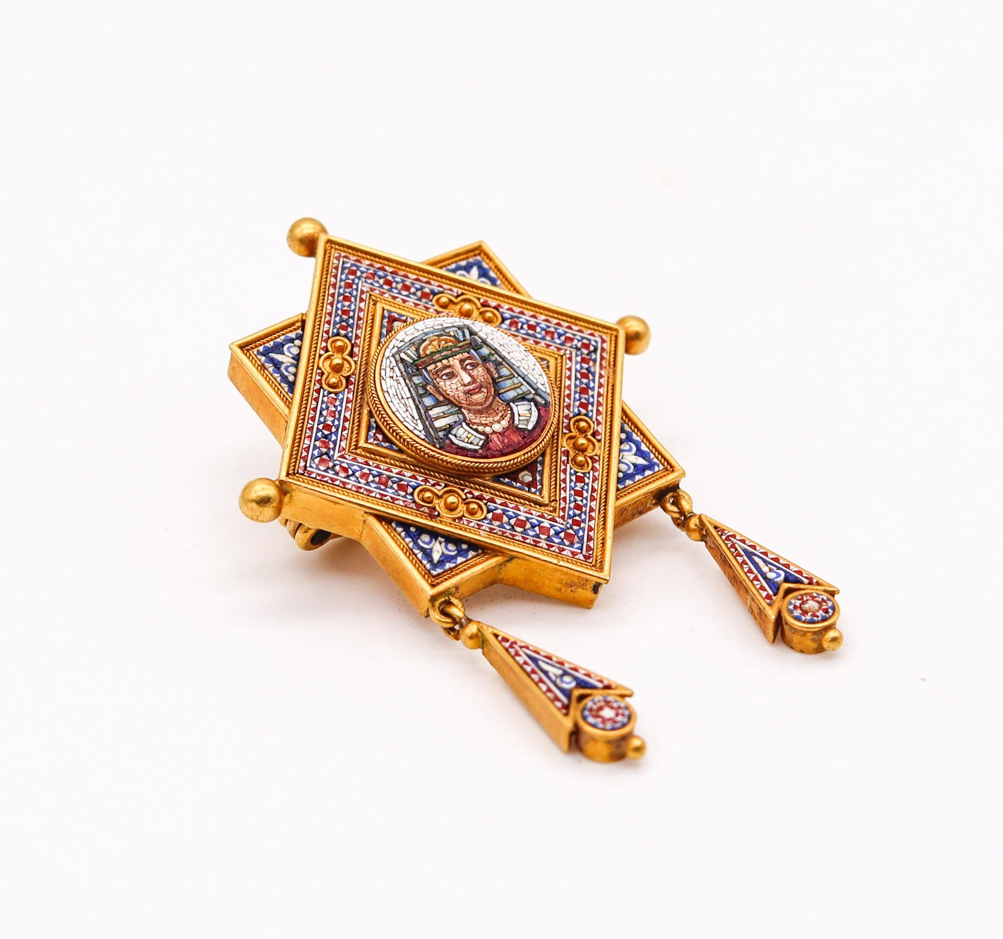 An Egyptian revival pendant brooch.

Fantastic piece, created in Roma Italy during the Papal States period, back in the 1850. This piece is really incredible detailed and was carefully crafted with Egyptian revival patterns, in solid rich yellow