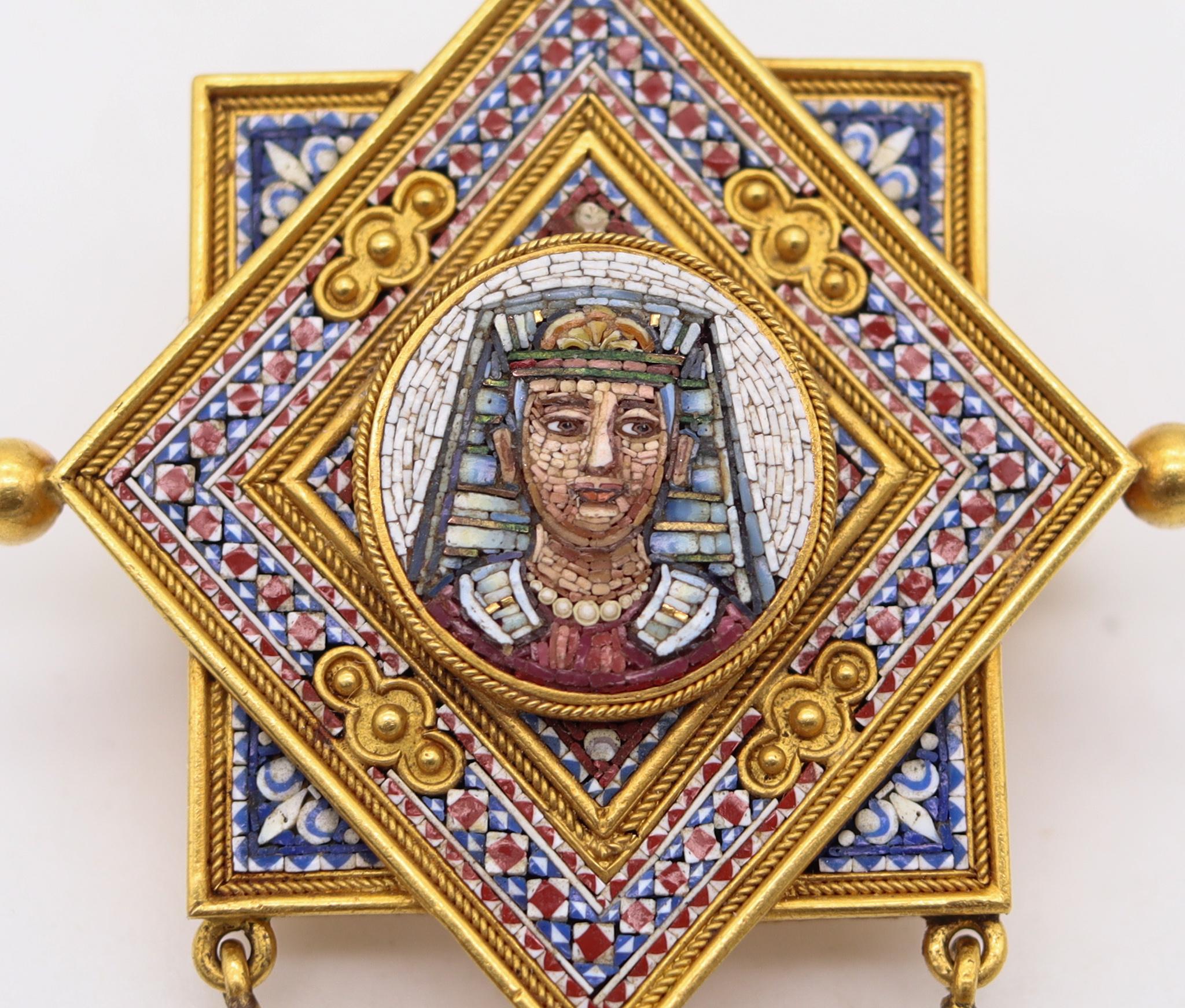 Italy 1850 Roma Papal States Egyptian Revival Micro Mosaic Pendant in 18k Gold In Excellent Condition For Sale In Miami, FL