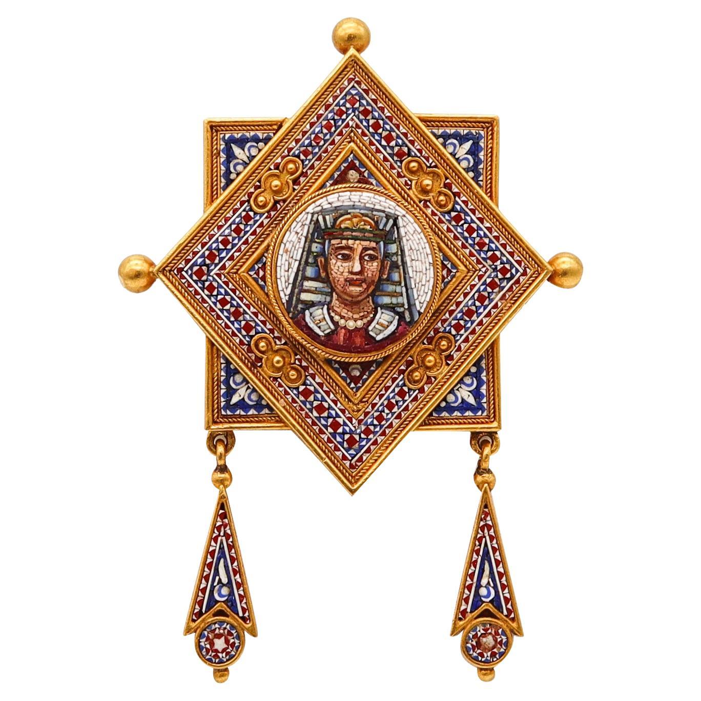 Italy 1850 Roma Papal States Egyptian Revival Micro Mosaic Pendant in 18k Gold For Sale