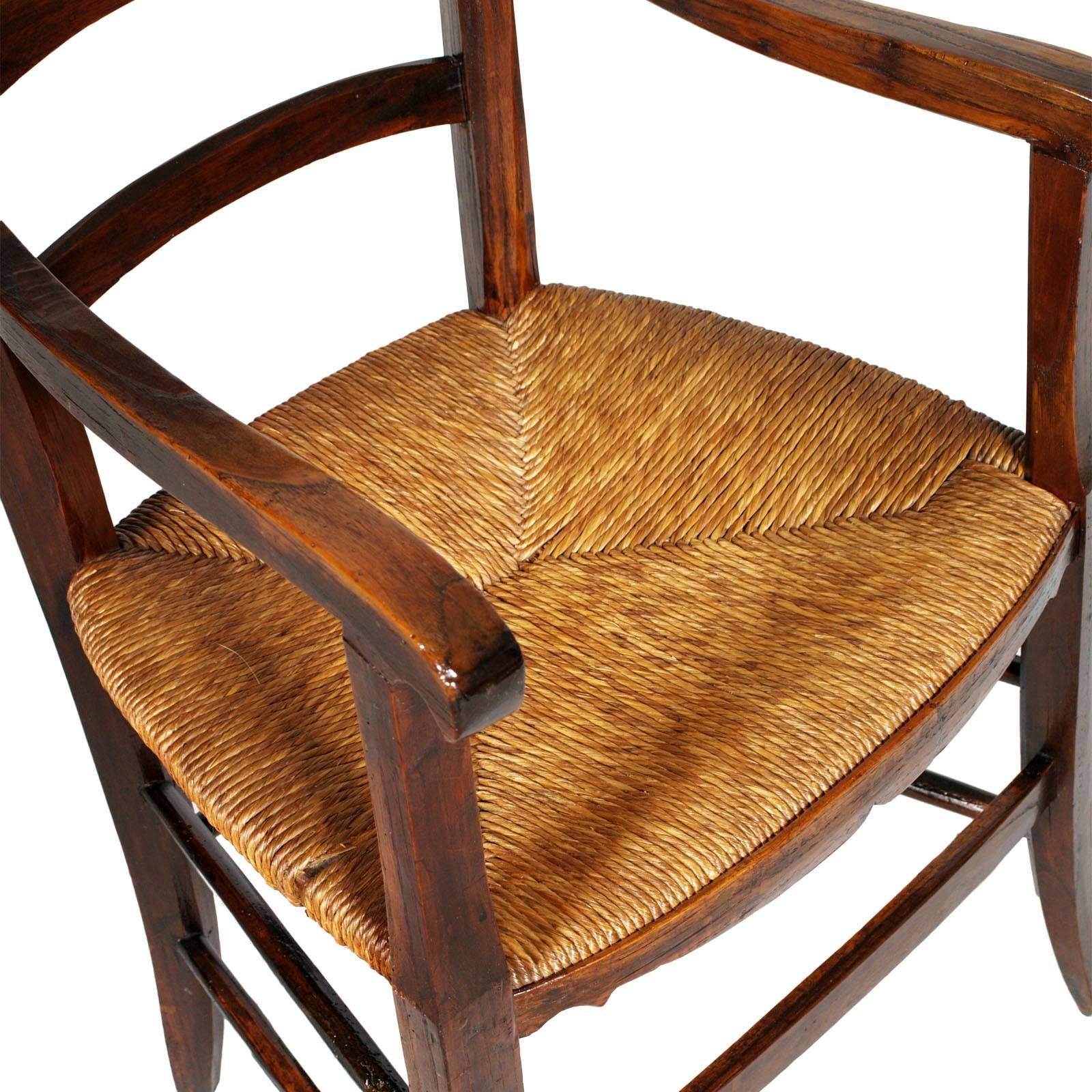 Straw Italy 18th Century Country Rustic Armchair, Chestnut Wood Hand Cut and Restored For Sale