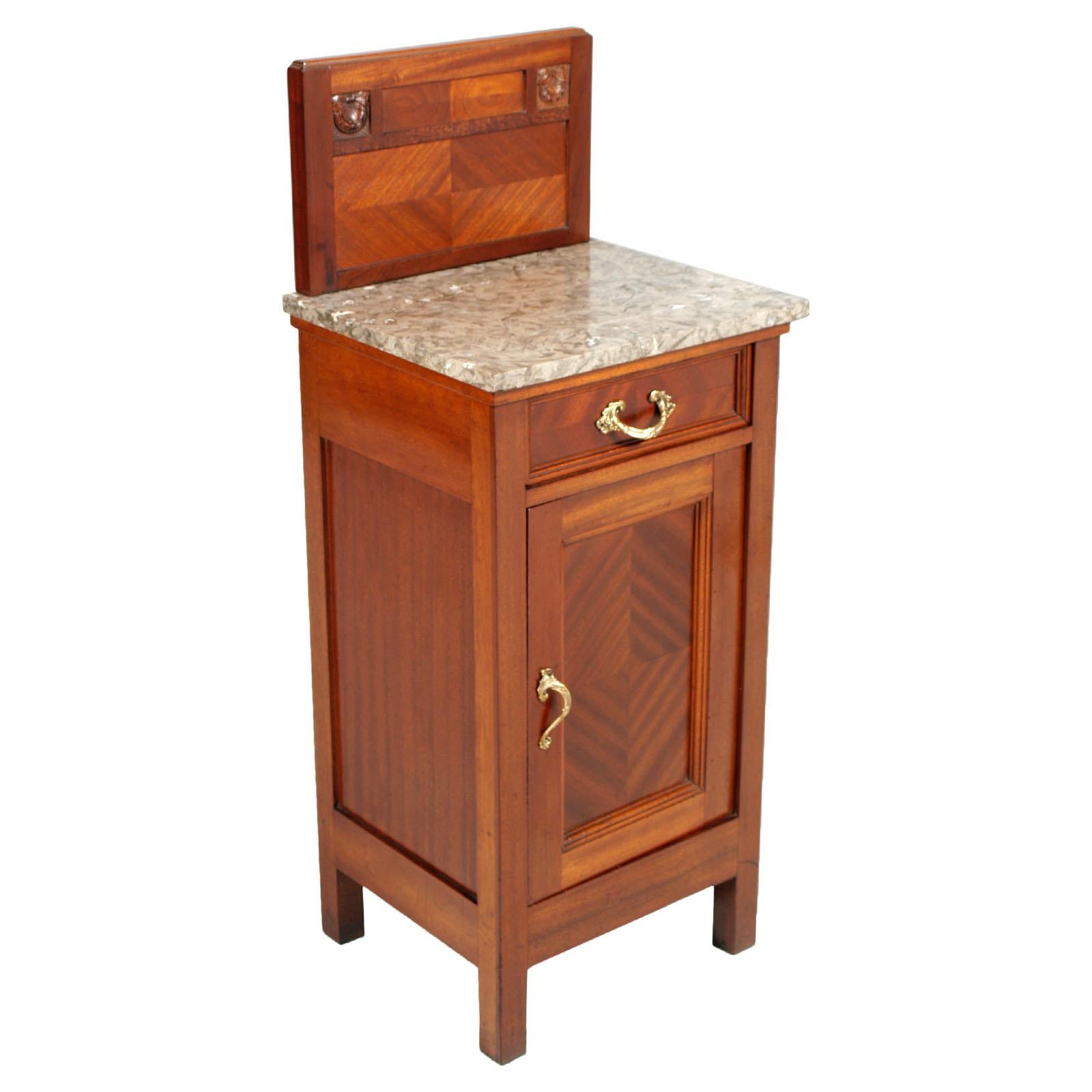 Italy 1910s Art Nouveau Nightstand in Mahogany, Marble Top Restored Wax Polished