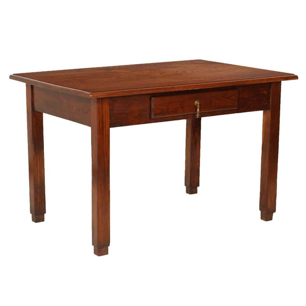 Italy 1920s Country Farm Art Deco Table with Drawer, solid Oak Polished to Wax For Sale