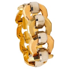 Vintage Italy, 1930, Art Deco Rare Bold Tank Bracelet in Two Tones of Faceted 18Kt Gold