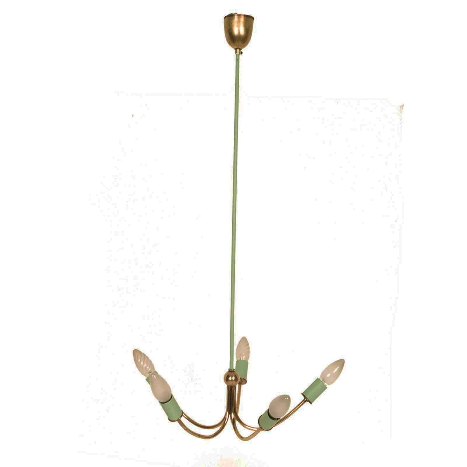Italy 1920s Chandelier Art Deco, Gilt Brass and Painted Brass with Five Lights For Sale 1