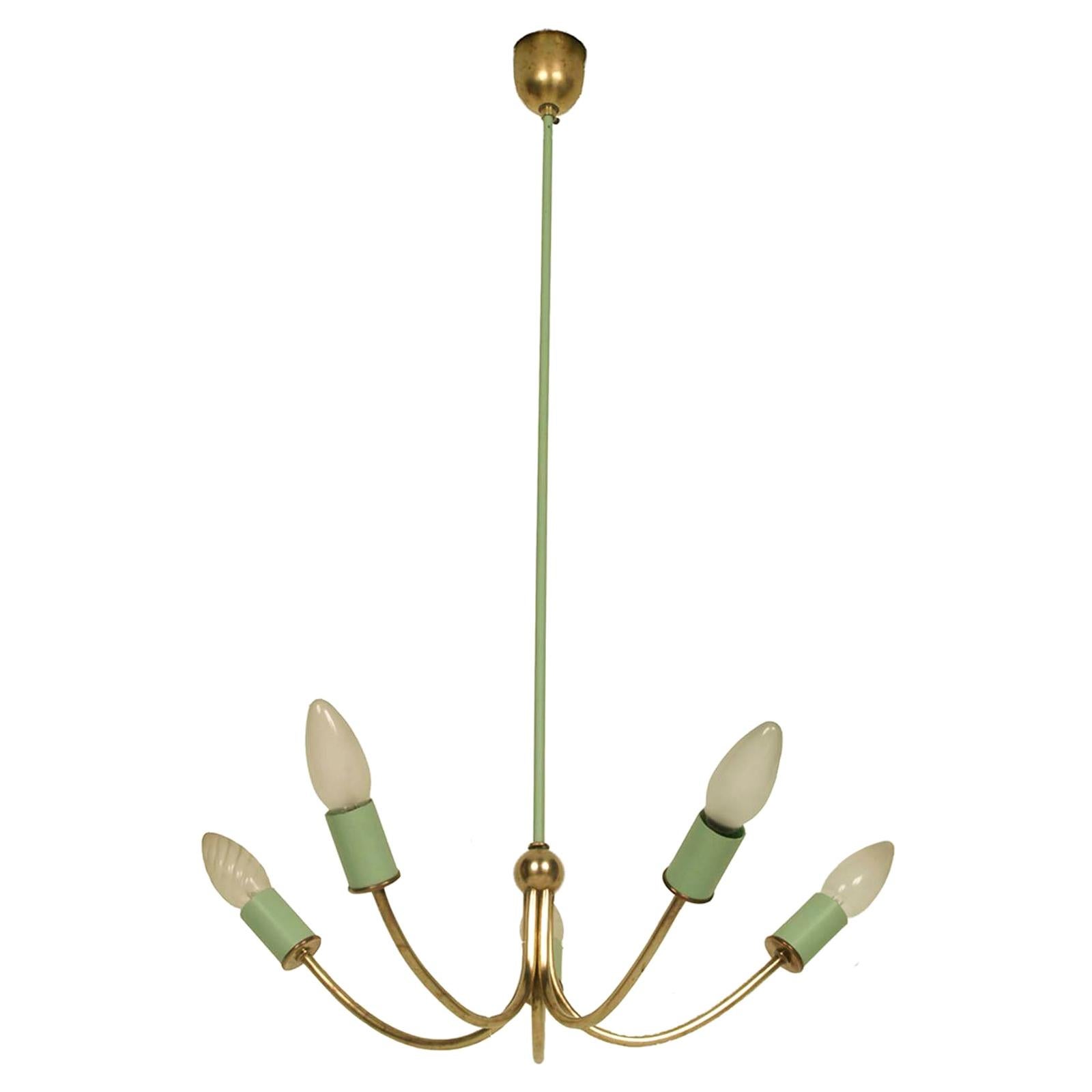 Italy 1920s Chandelier Art Deco, Gilt Brass and Painted Brass with Five Lights For Sale