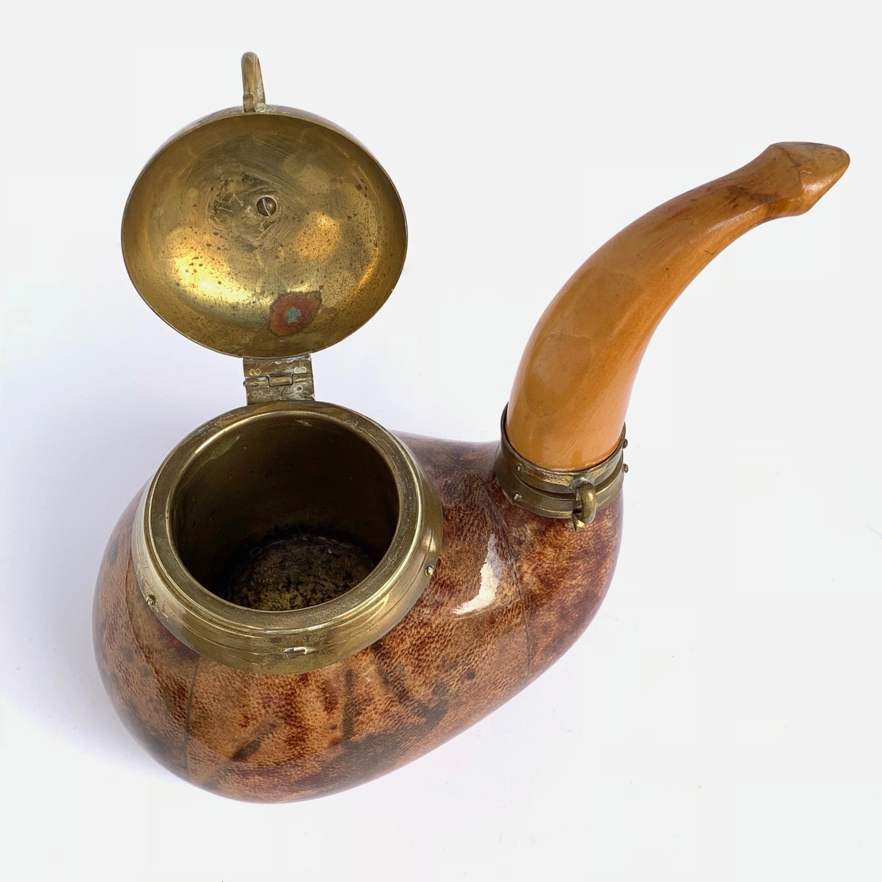 Italy 1940s Aldo Tura Goat Skin, Brass and Wood Tobacco Container, Pipe Shape For Sale 2