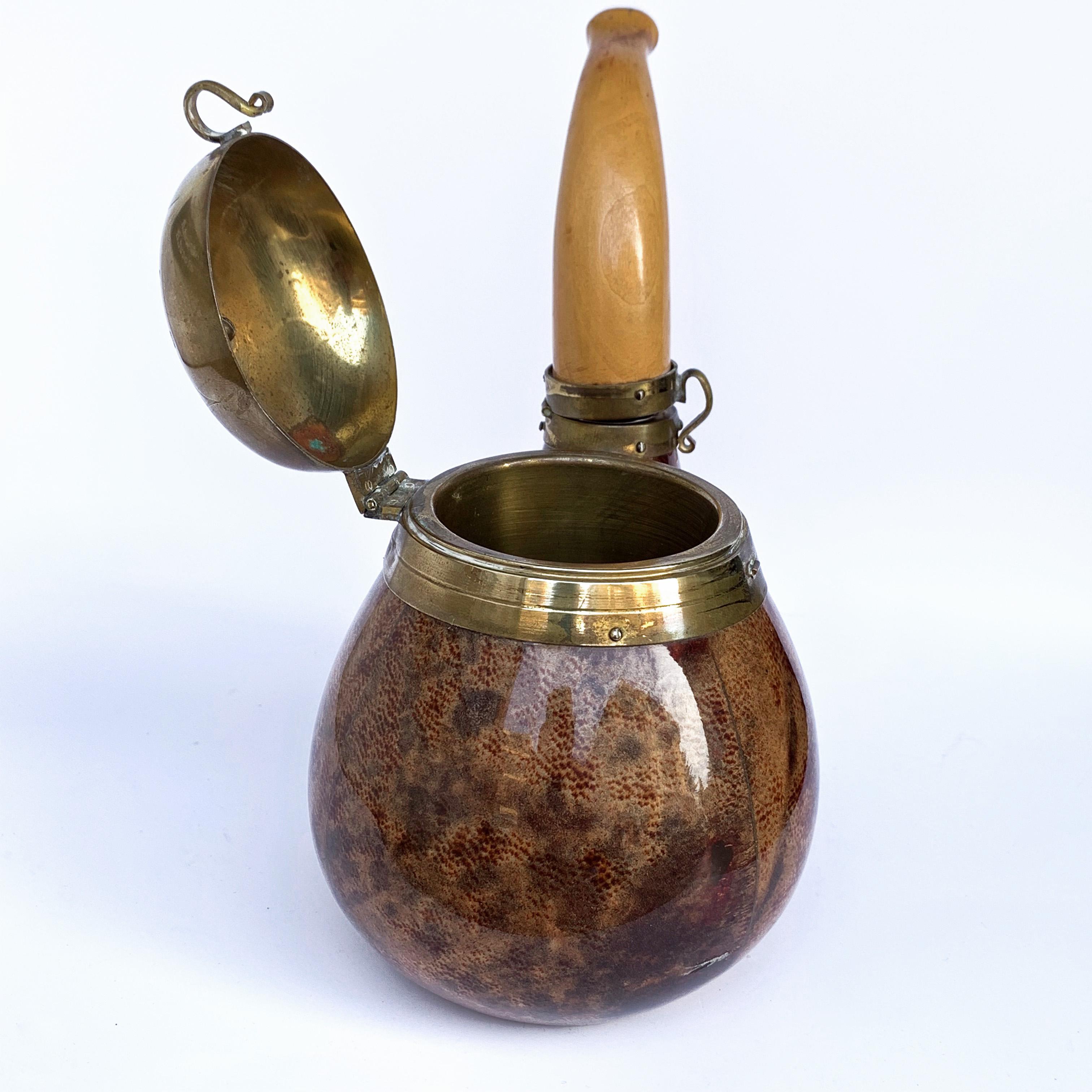 Tobacco container by Aldo Tura, Italy 1940s in goatskin, brass and wood. The container has two compartments, one for storing tobacco and another for storing and lighting the games. Designed by Aldo Tura, Italy for Macabo, Cusano Milanino.