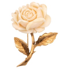 Used Italy 1950 Mid Century Brooch In 14Kt Yellow Gold With A Carved Rose In Coral