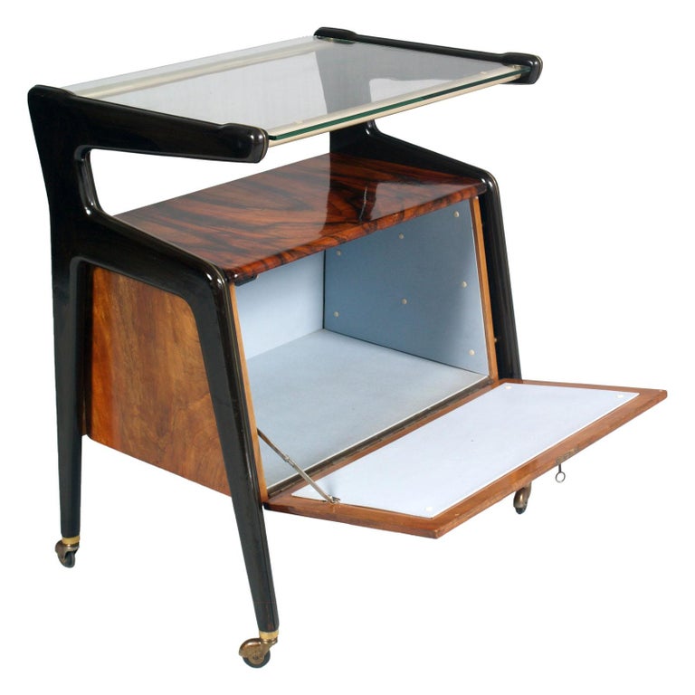 Mid-Century Modern Italy 1950s Cesare Lacca Attributed Dry Bar Cart, Laquered Walnut & Burl Walnut For Sale
