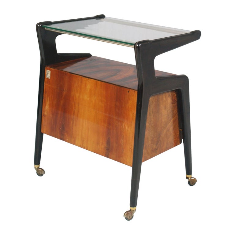 Lacquered Italy 1950s Cesare Lacca Attributed Dry Bar Cart, Laquered Walnut & Burl Walnut For Sale